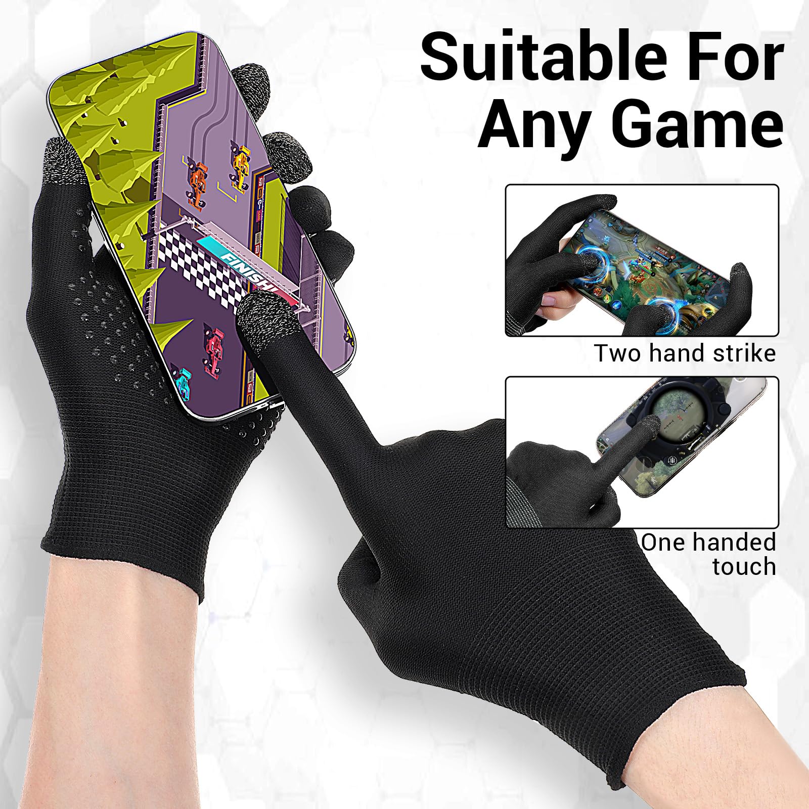 Ptwola ultra-thin touchscreen gaming gloves with breathable finger sleeves and thumb covers, ideal for mobile gamers and streamers.