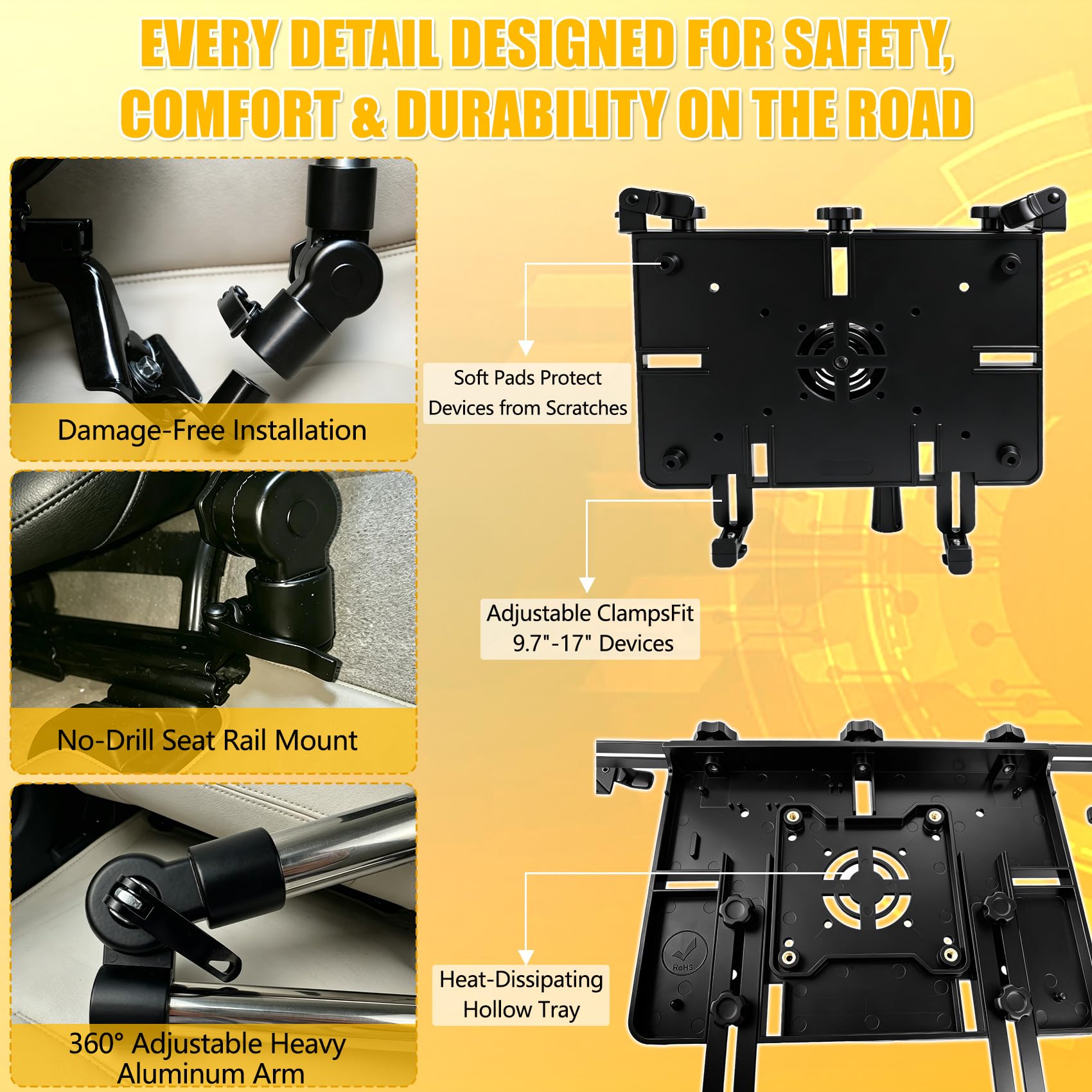 Vehicle Laptop Mount, Truck Laptop Mount for Cars, Vans, Quick installation, Full Motion Swivel, MS-526 Laptop Holder for Mobile Work, No-Drill Computer Stand with Adjustable Height ,5-Year Warranty