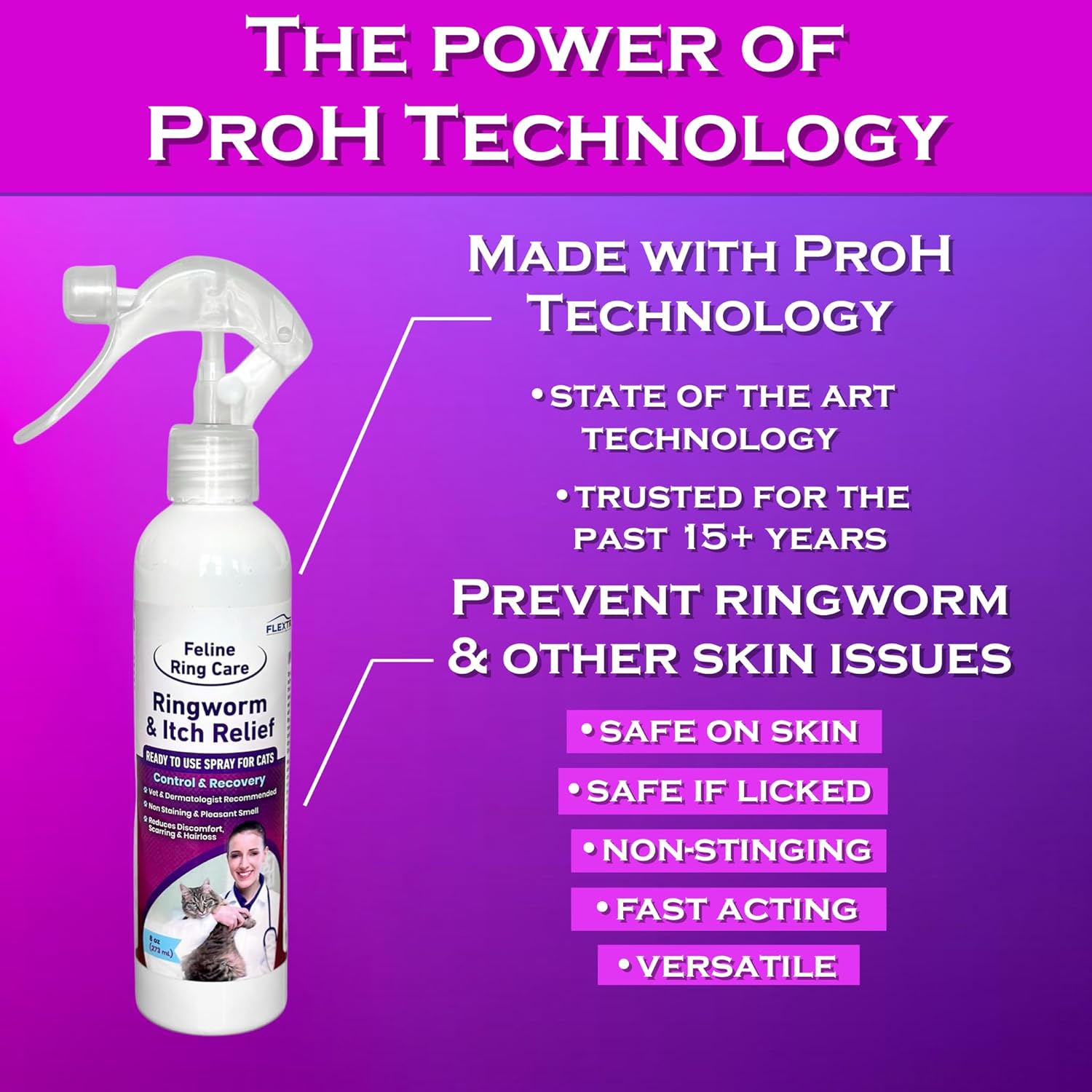 FlexTran Feline Ring Care product for cats showing the treatment applicator and labeled as effective against ringworm, mange, dermatitis, and yeast.