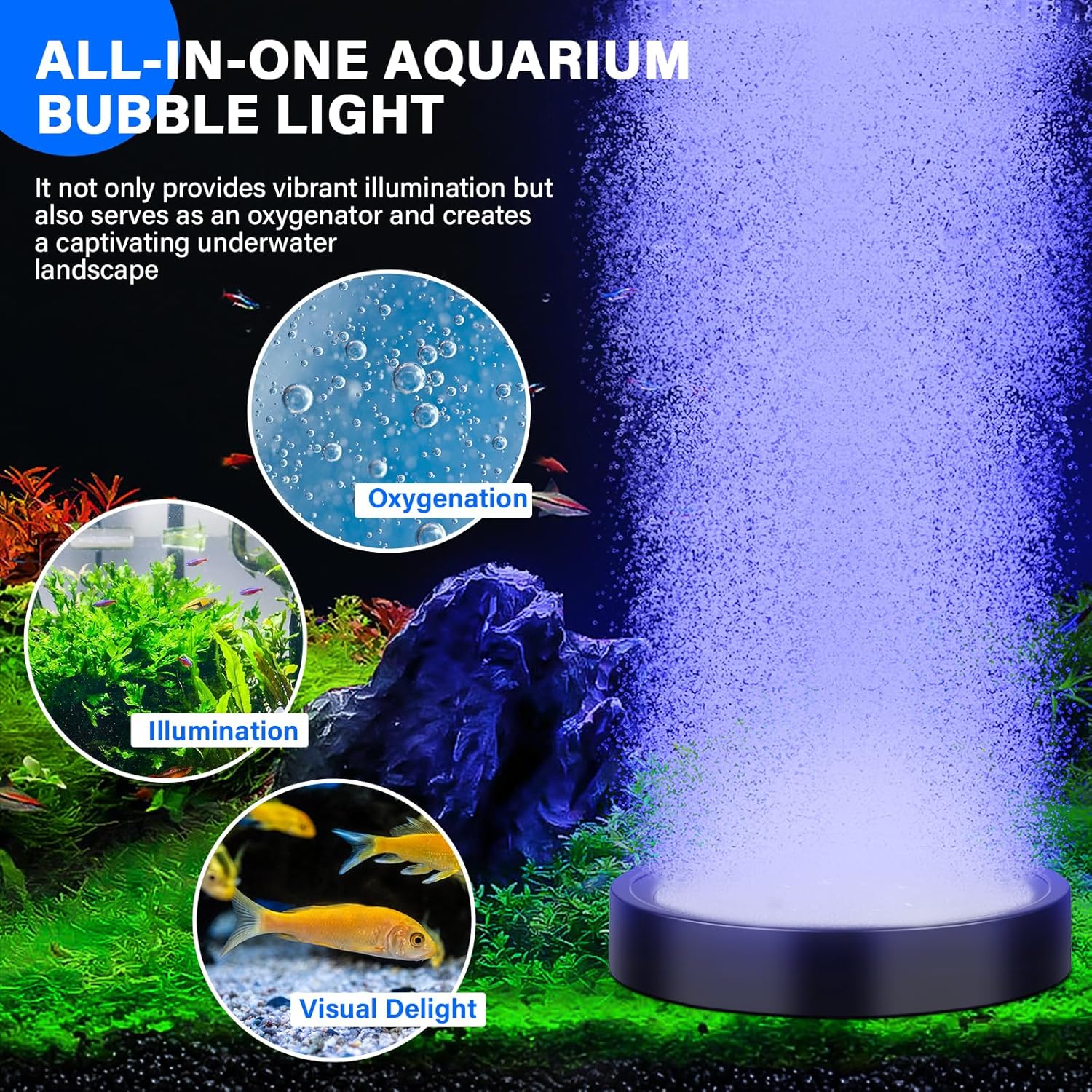 Fishkeeper LED fish tank bubble stone disk with colorful air bubbles and light for aquarium decoration and aeration.