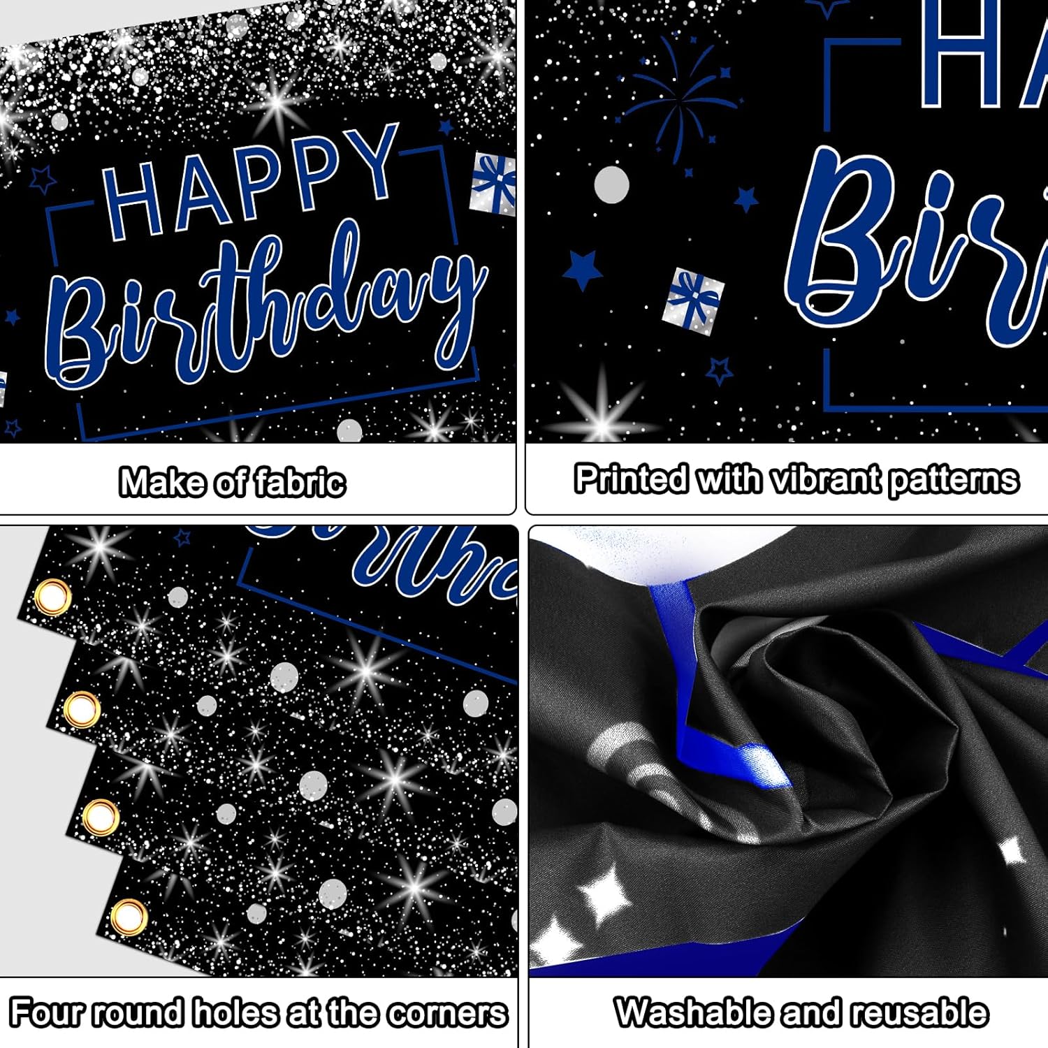 Blue and black birthday decorations for men and women, featuring "Happy Birthday" banners and festive party decor by Puchod.