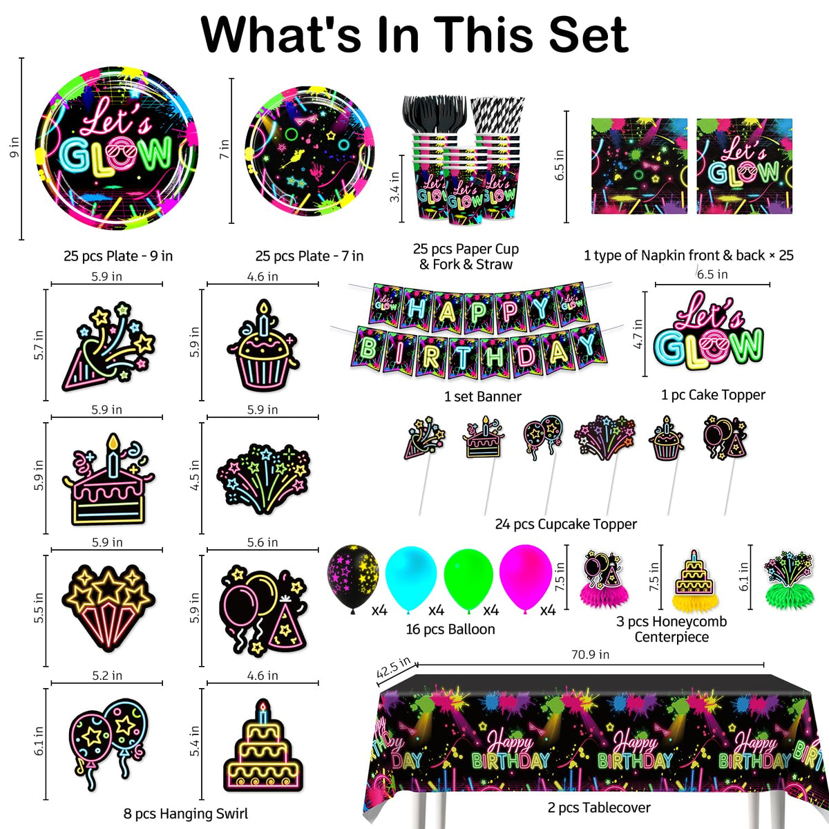 205pcs wellspar Neon Birthday Party Decorations Tableware - wellspar Official Imagery - 3