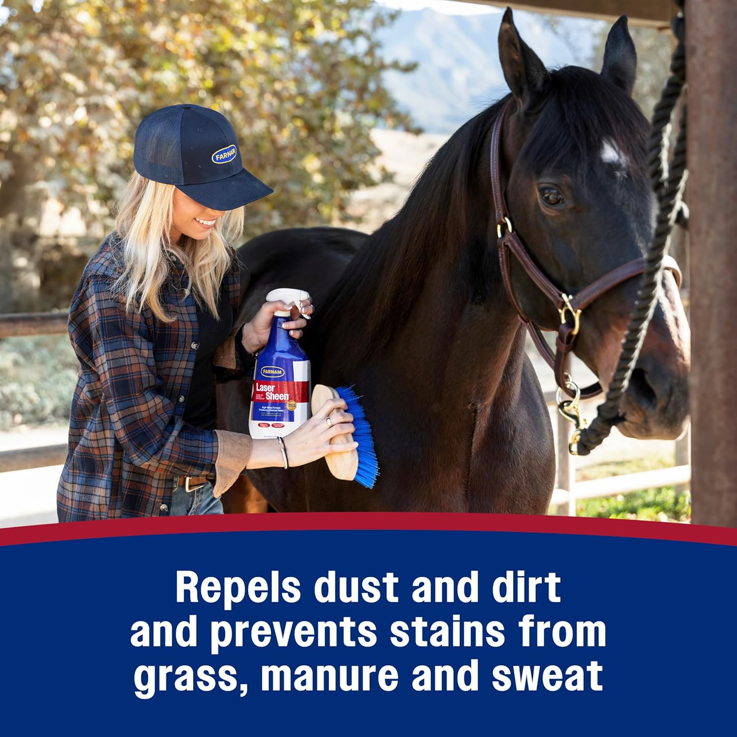 Farnam Laser Sheen horse detangler spray bottle showing shiny horse coat, ready-to-use 32-ounce bottle for dazzling shine and dirt repelling