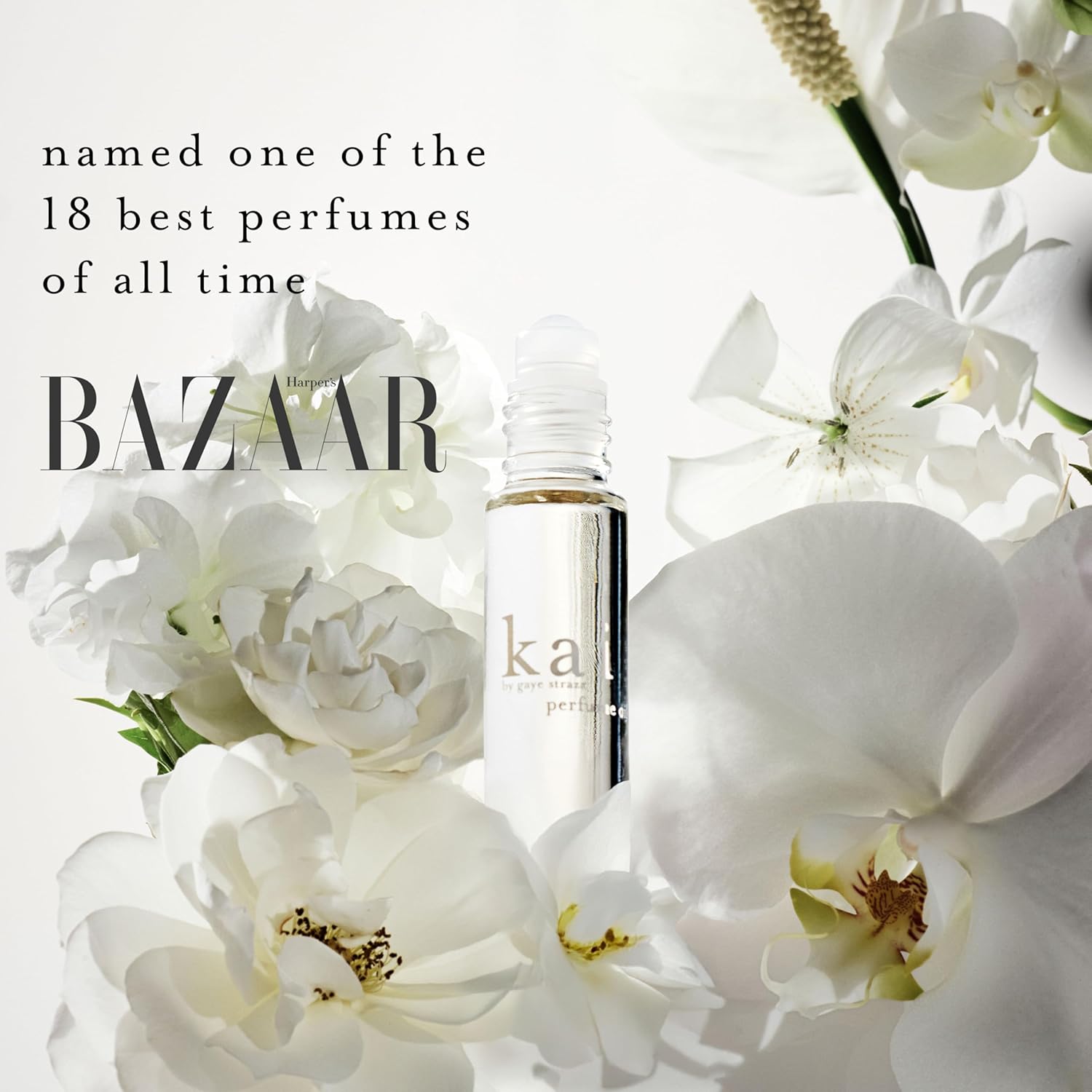 Elefair Kai perfume oil with a fresh gardenia scent, featuring white exotic floral notes in a clear glass bottle.