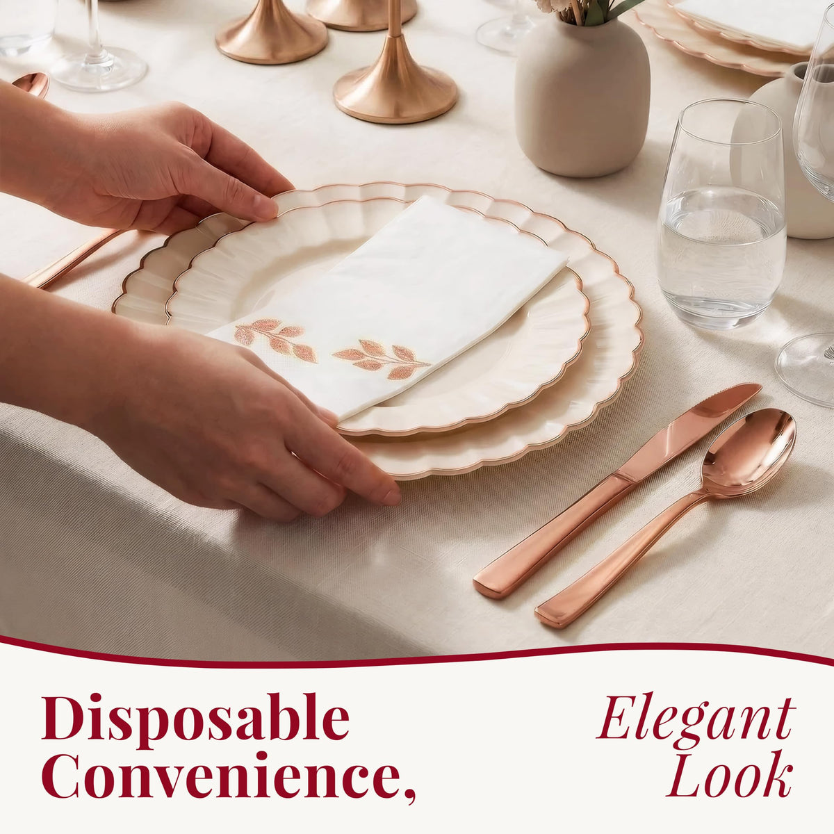 HEAVYWEIGHT Scalloped Rose Gold Disposable Dinnerware Set - By Madee Official Imagery - 4