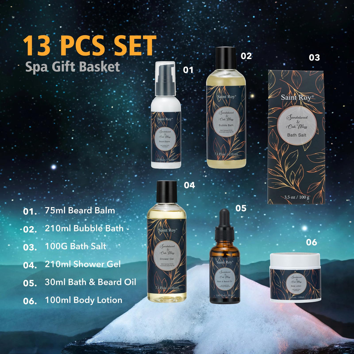 15Pcs Sandalwood Oak Moss Gift Baskets for Men Man Bath Body - Saint Roy Official Imagery - 3
