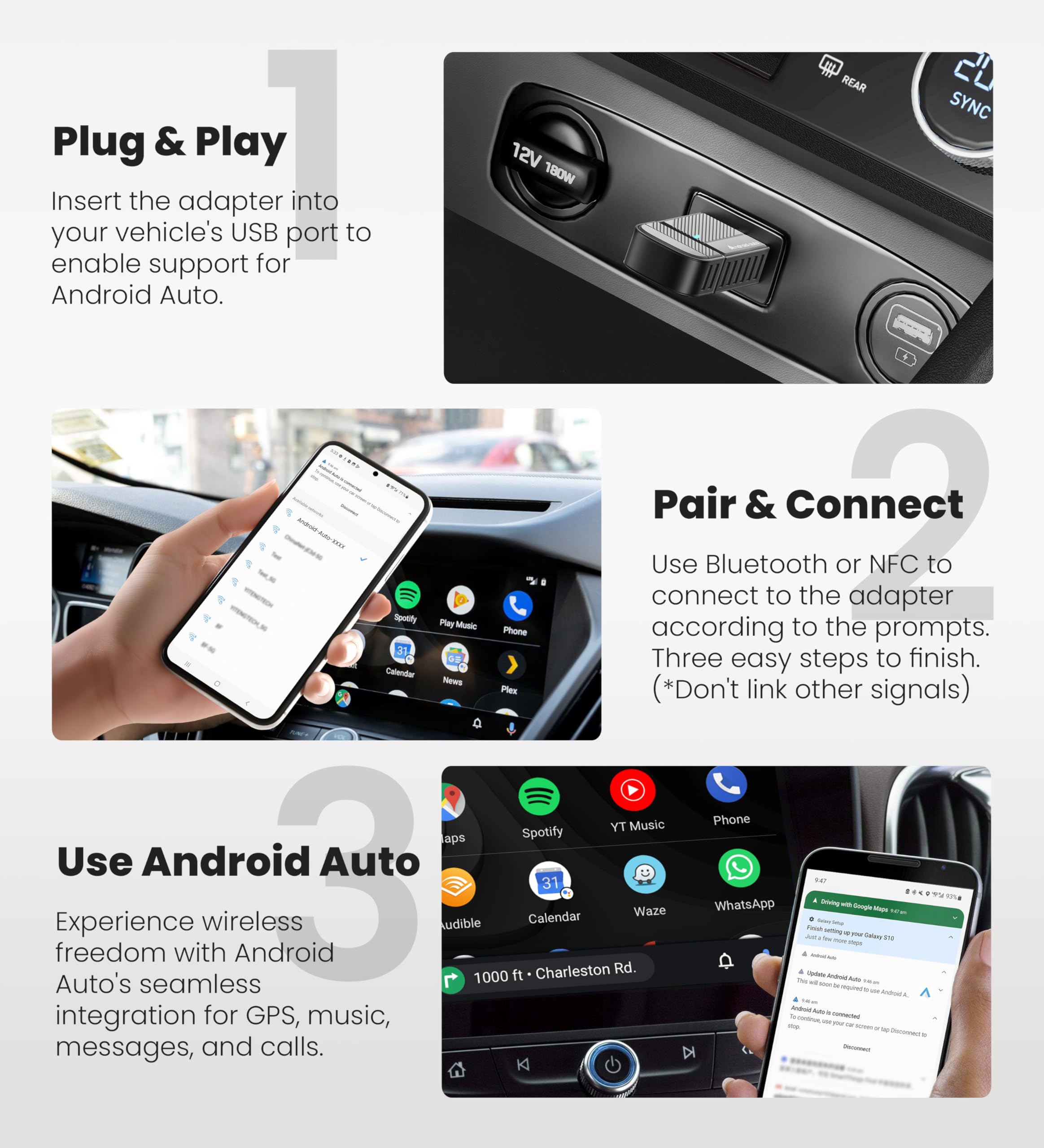 Bytewave Wireless Android Auto Adapter, USB A/C Car Dongle with N by ByteWave - Angle View 7