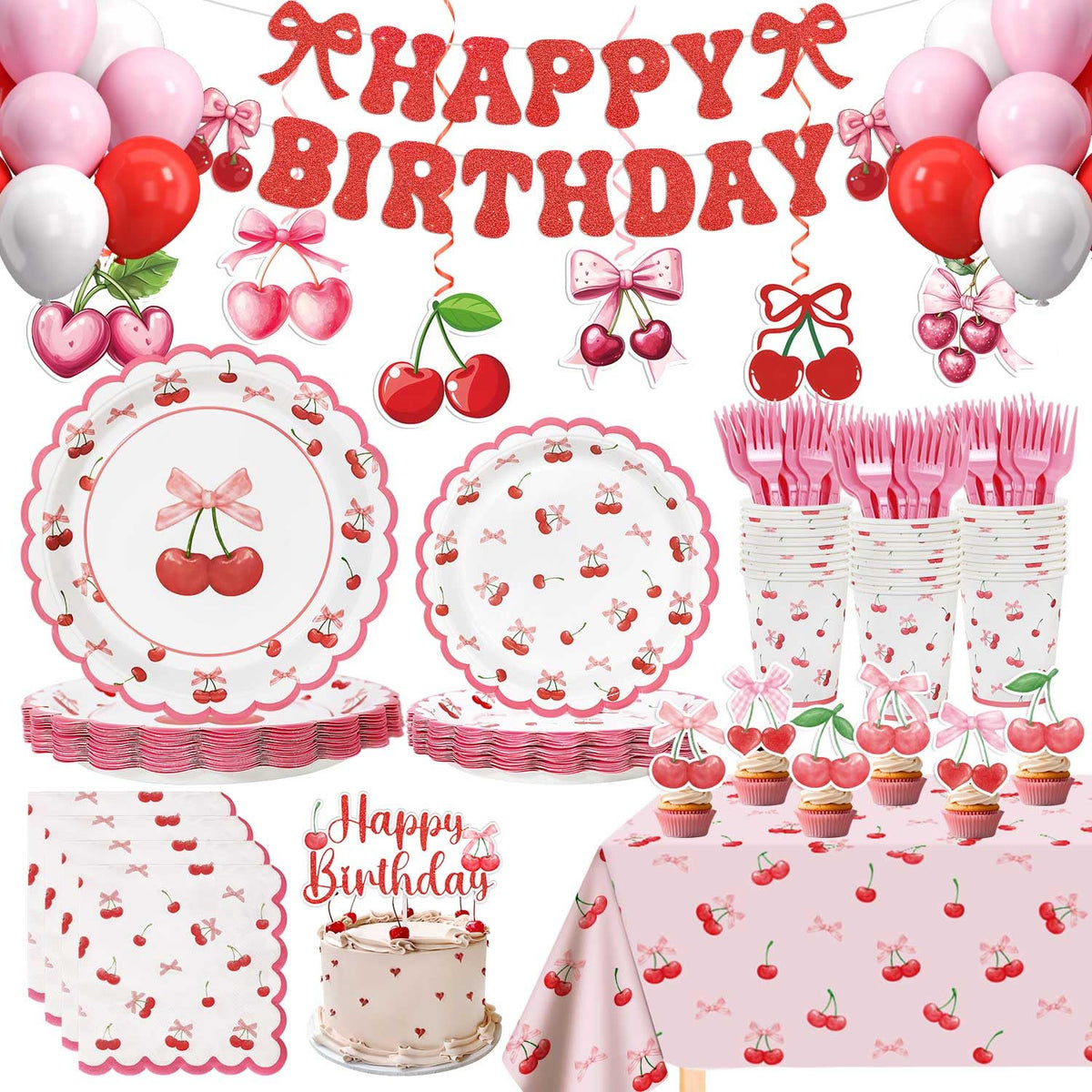 Cherry Birthday Decorations 182Pcs Cherry Plates Napkins - Caisehabu Official Imagery - 1
