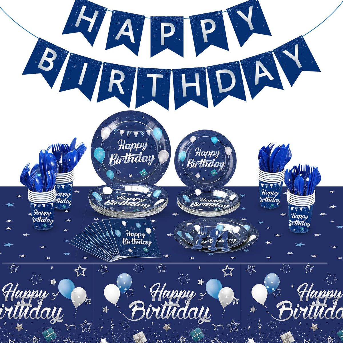 Blue and Silver Birthday Party Set Plates Napkins Cups for - Pajean Official Imagery - 1