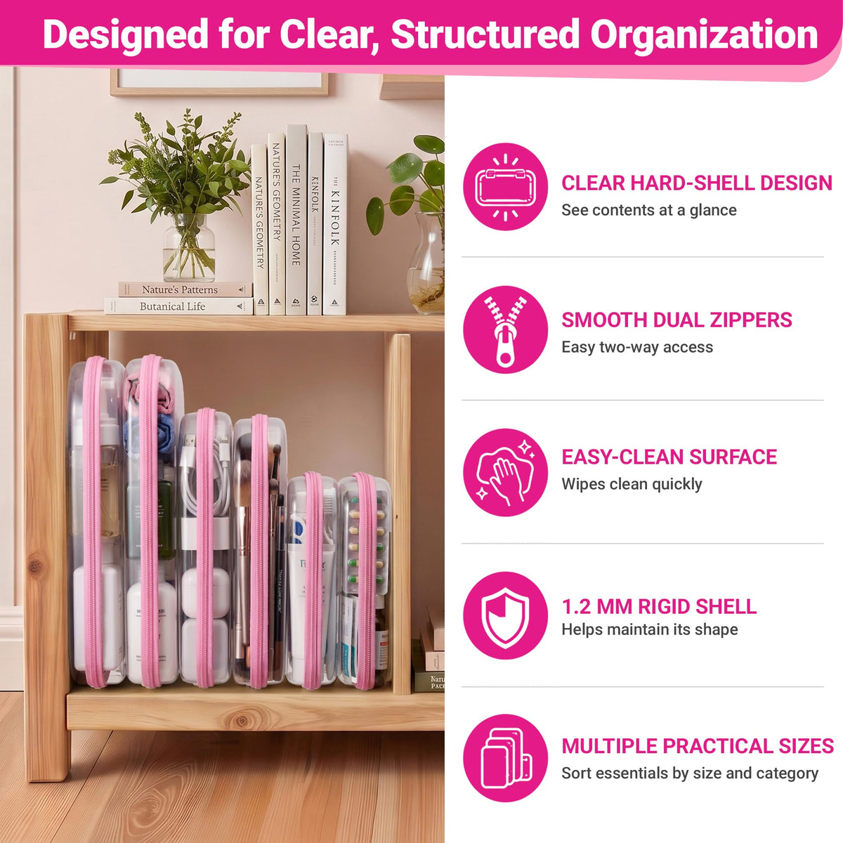 Clear Hard Shell Zipper Cases 6 Multi Size Organizers Pink - YQBRAO Official Imagery - 7