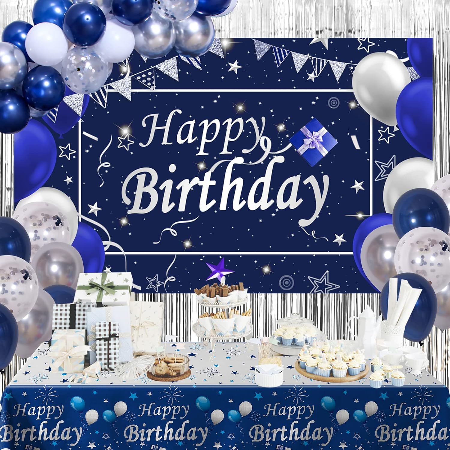 Blue birthday decorations for men and women featuring "Happy Birthday" banners and party accents, by Puchod.