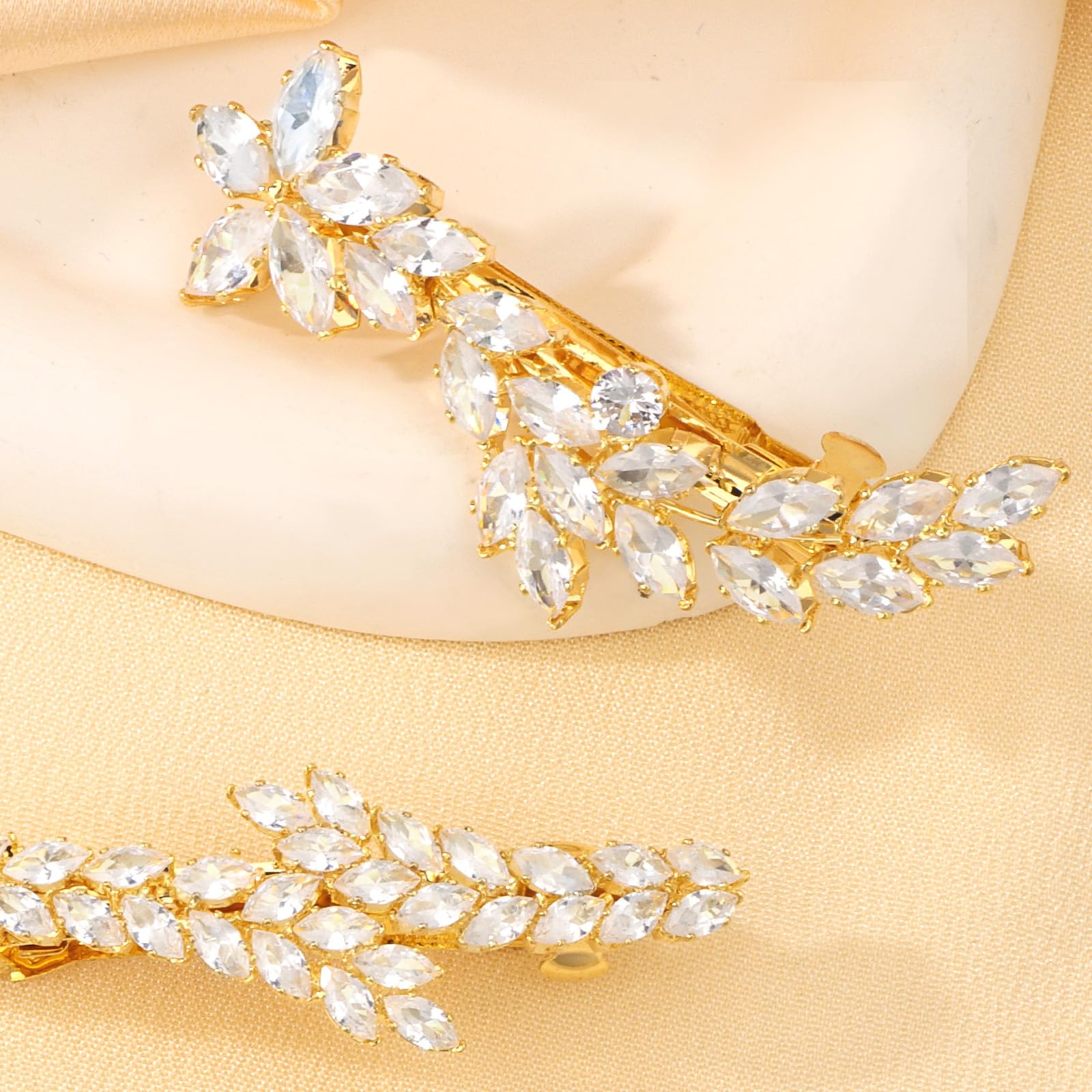 ANBALA gold rhinestone leaf hair clips for women, stylish wedding hair accessories, decorative hair clips for special occasions
