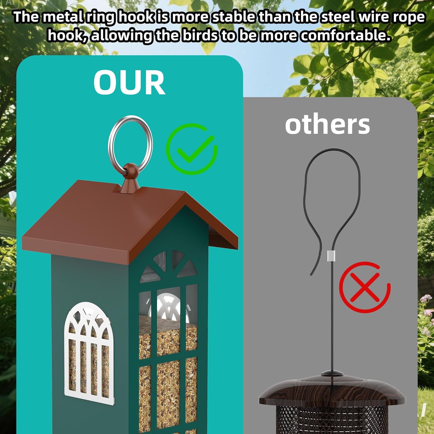 VYHAG metal bird feeder hanging outdoors, waterproof and rust-resistant, designed for bird feeding with a durable metal construction.