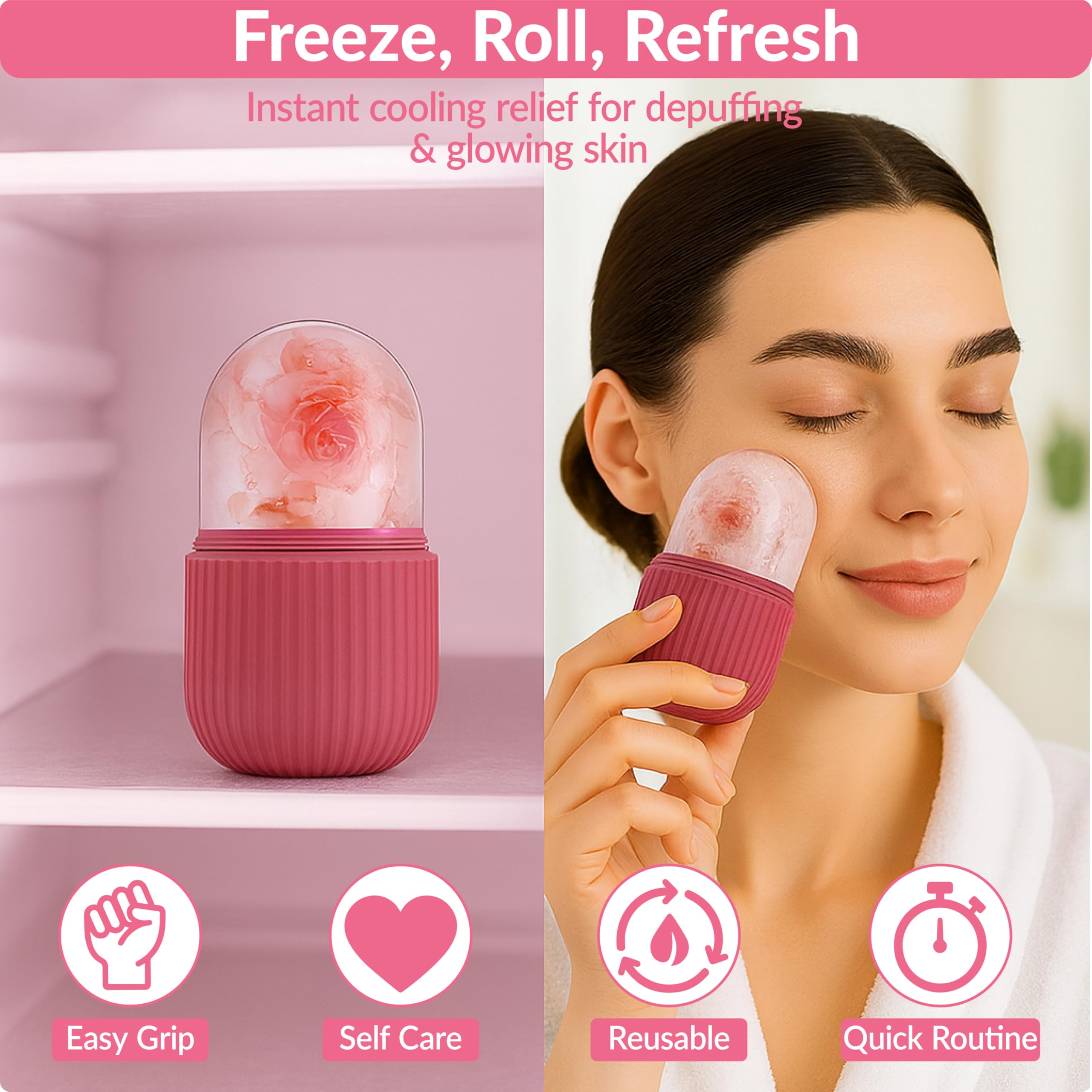 Brookstone IcyGlow ice roller kit for face and neck in pink, showing the massager with ice roller and cooling attachment.