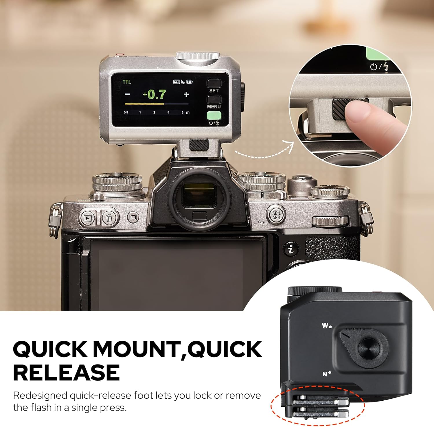 GODOX iT30 Pro F TTL mini wireless camera flash mounted on Fuji camera with 2.4G wireless connectivity
