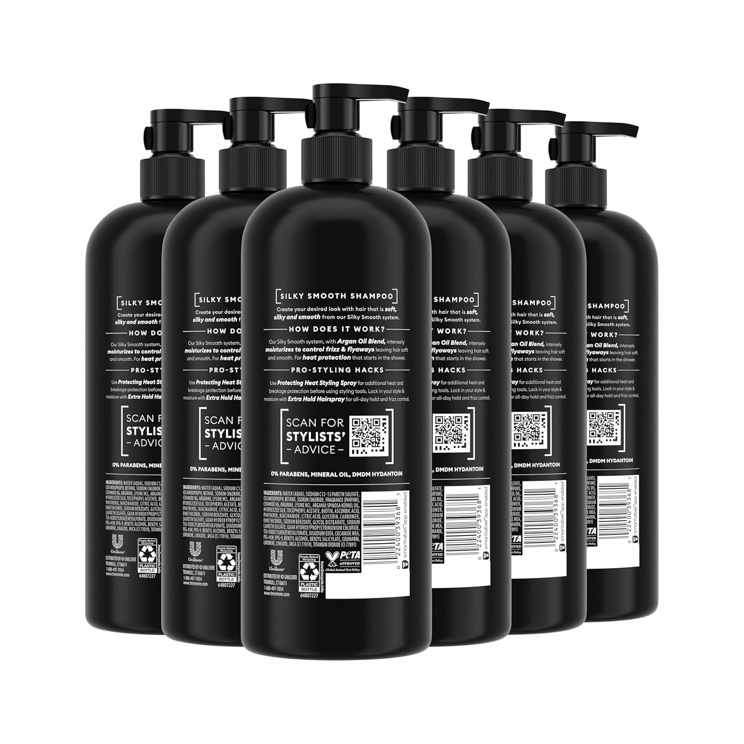 TRESemmé Silky & Smooth Anti-Frizz Shampoo for frizzy hair in a 28 fl oz bottle, shown in a pack of six.