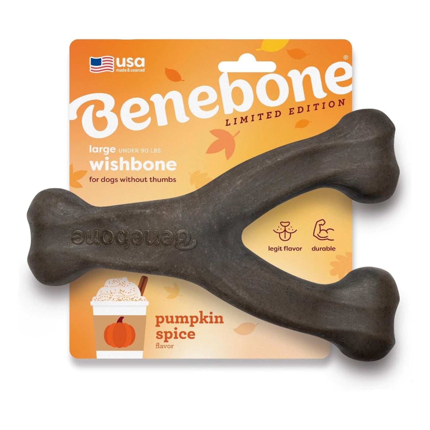 Benebone Pumpkin Spice Wishbone dog chew toy in limited edition flavor, durable and shaped for easy chewing.