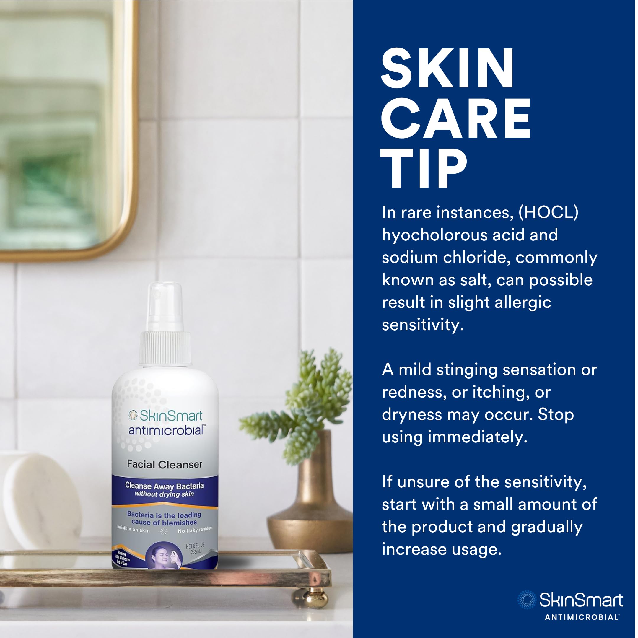 SkinSmart Antimicrobial Facial Cleanser in 8 oz bottle, showing the product and label for acne-prone skin cleansing.