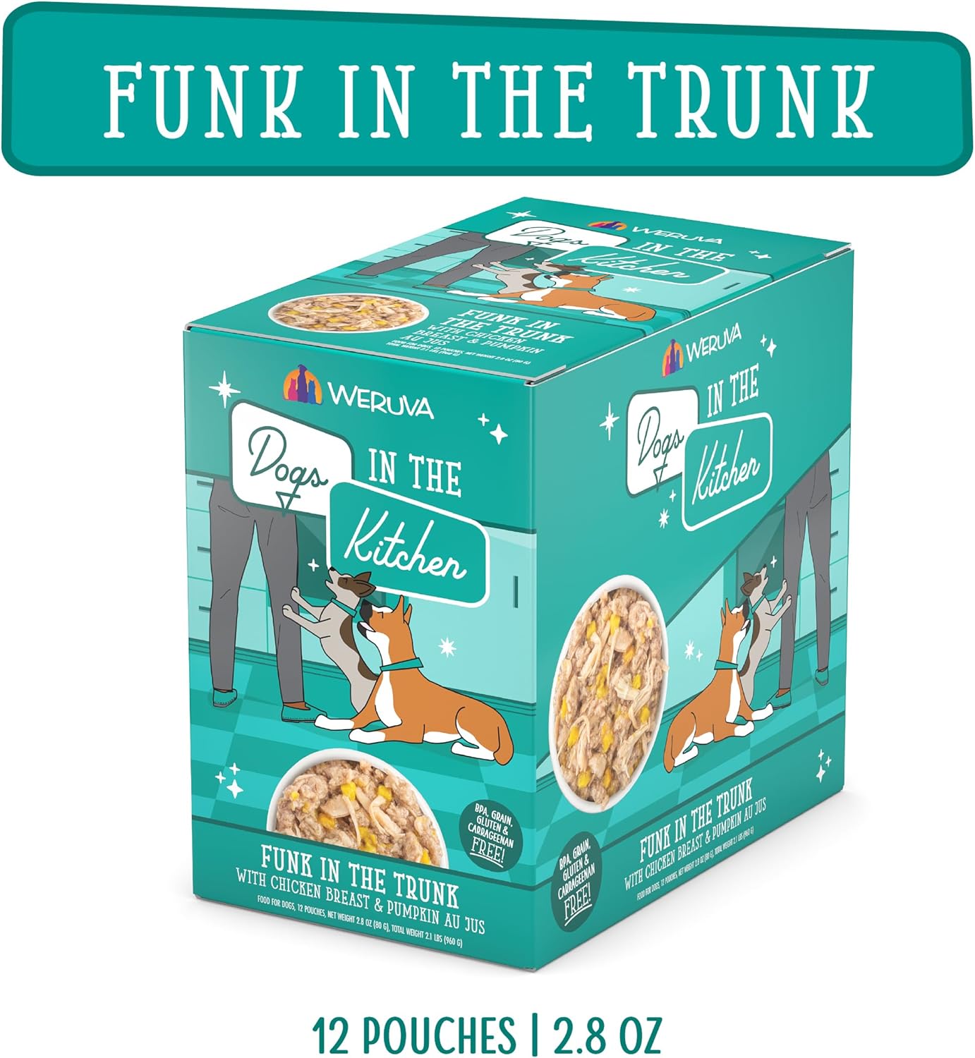Weruva Dogs in The Kitchen Funk in The Trunk dog food featuring chicken breast and pumpkin in a colorful can.