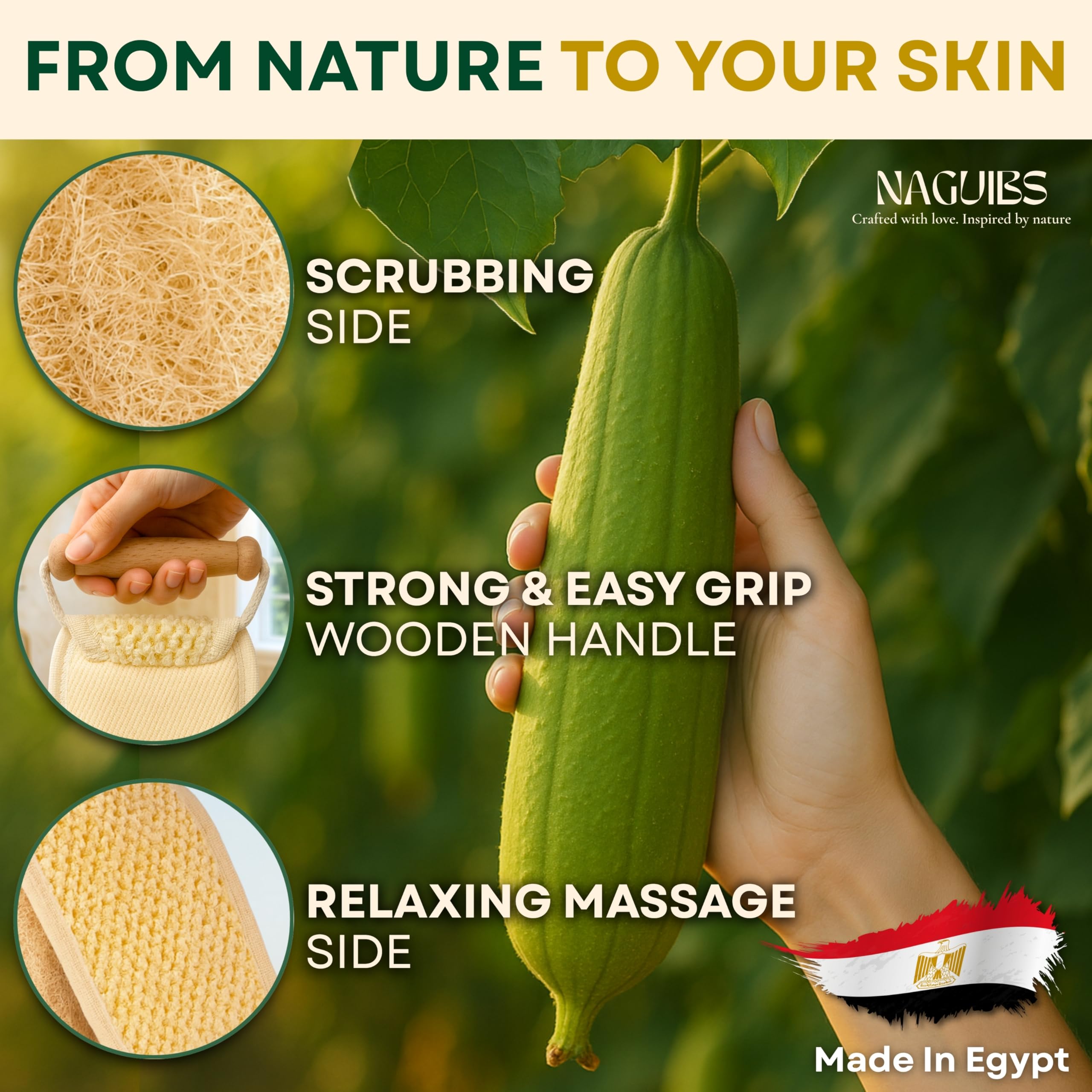 NAGUIBS Premium Egyptian 100% Natural loofah with Handle Back Scrubber for - NAGUIBS Official Product View 2