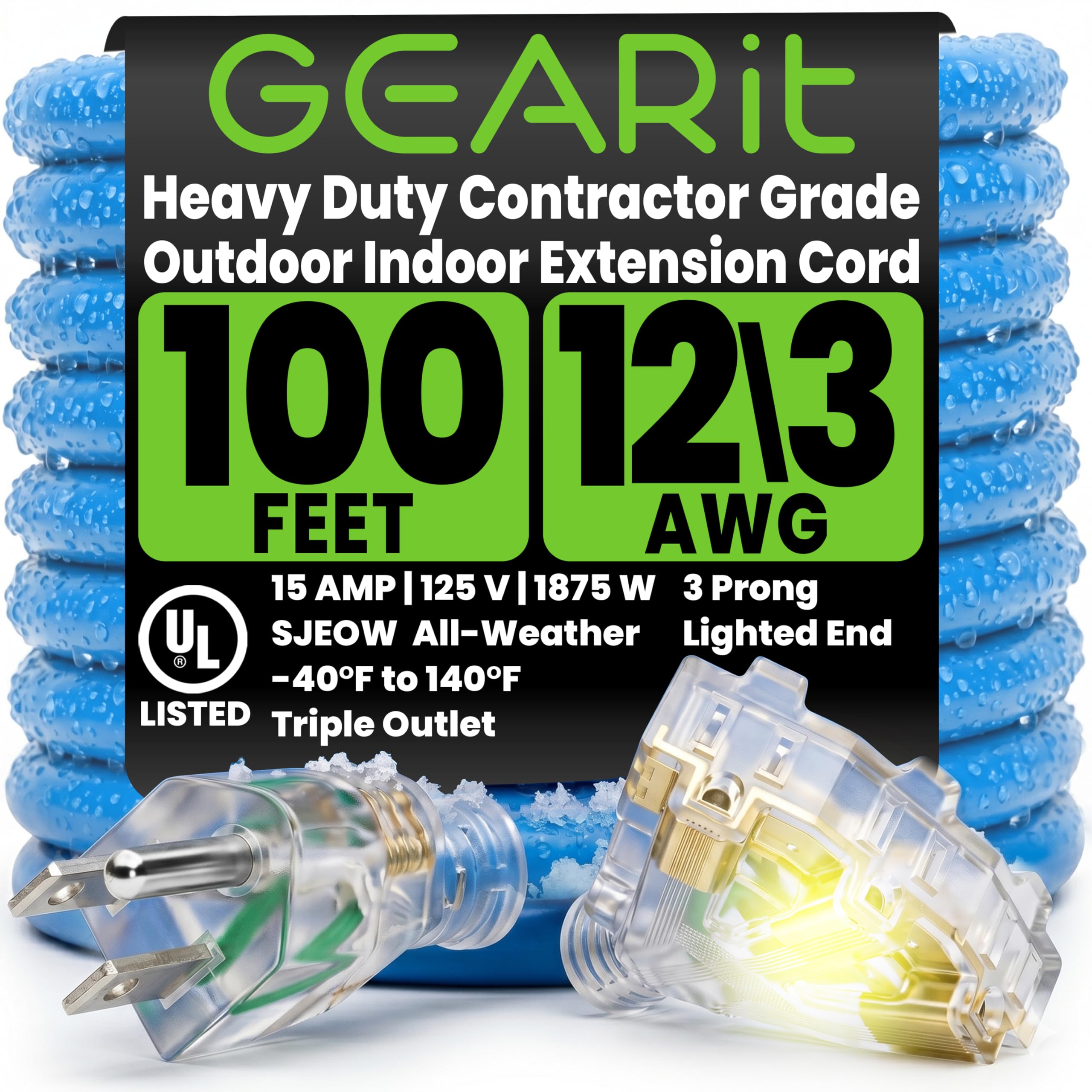 GEARit 100 ft Outdoor Extension Cord 12/3 Gauge SJEOW 12 AWG, Hea - GEARit Official Product View 1