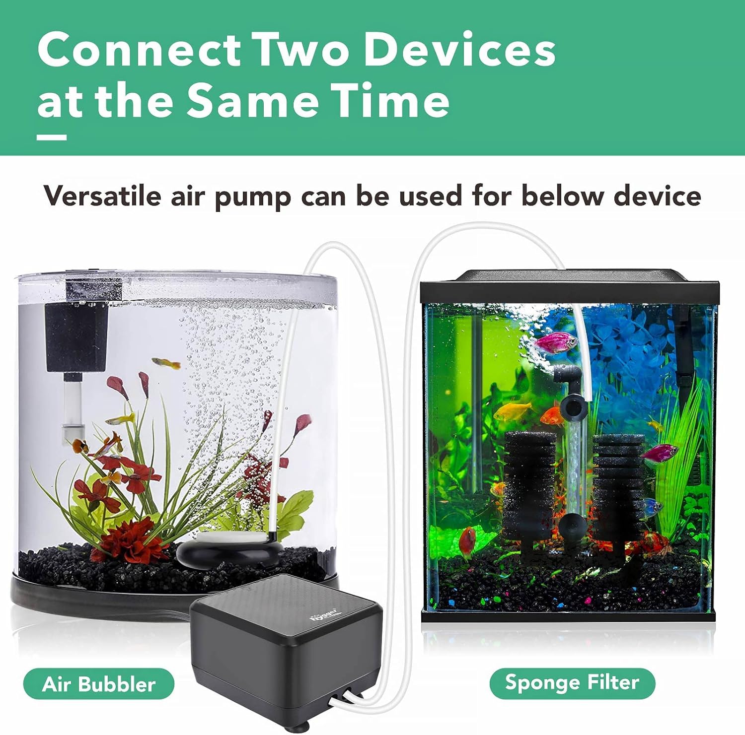 hygger 5W ultra-quiet aquarium air pump with dual outlets, adjustable oxygen aerator for fish tanks, compact and reliable.