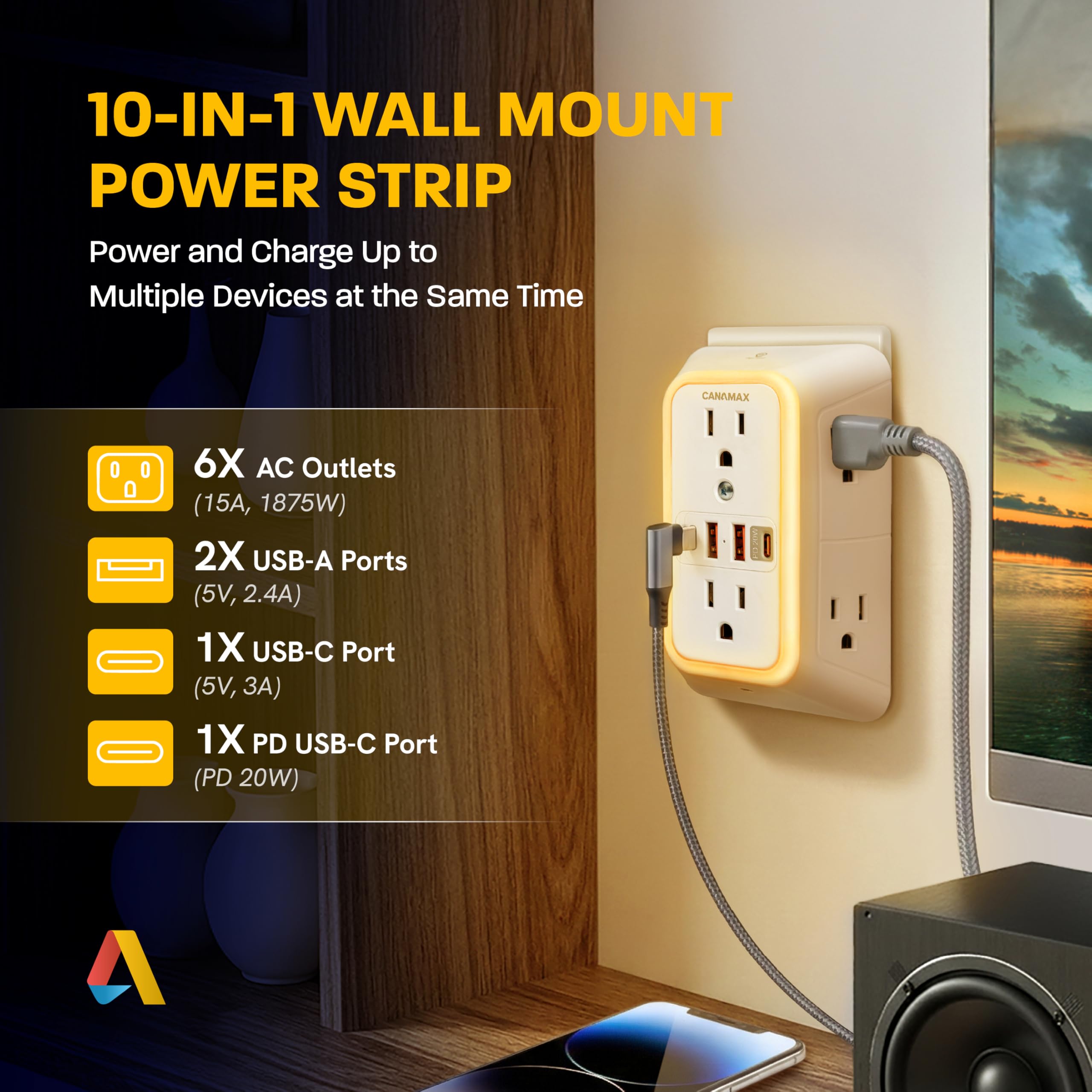 Canamax Multi Plug Wall Outlet Extender - 6 Outlet 4 USB Ports - Canamax Official Product View 2