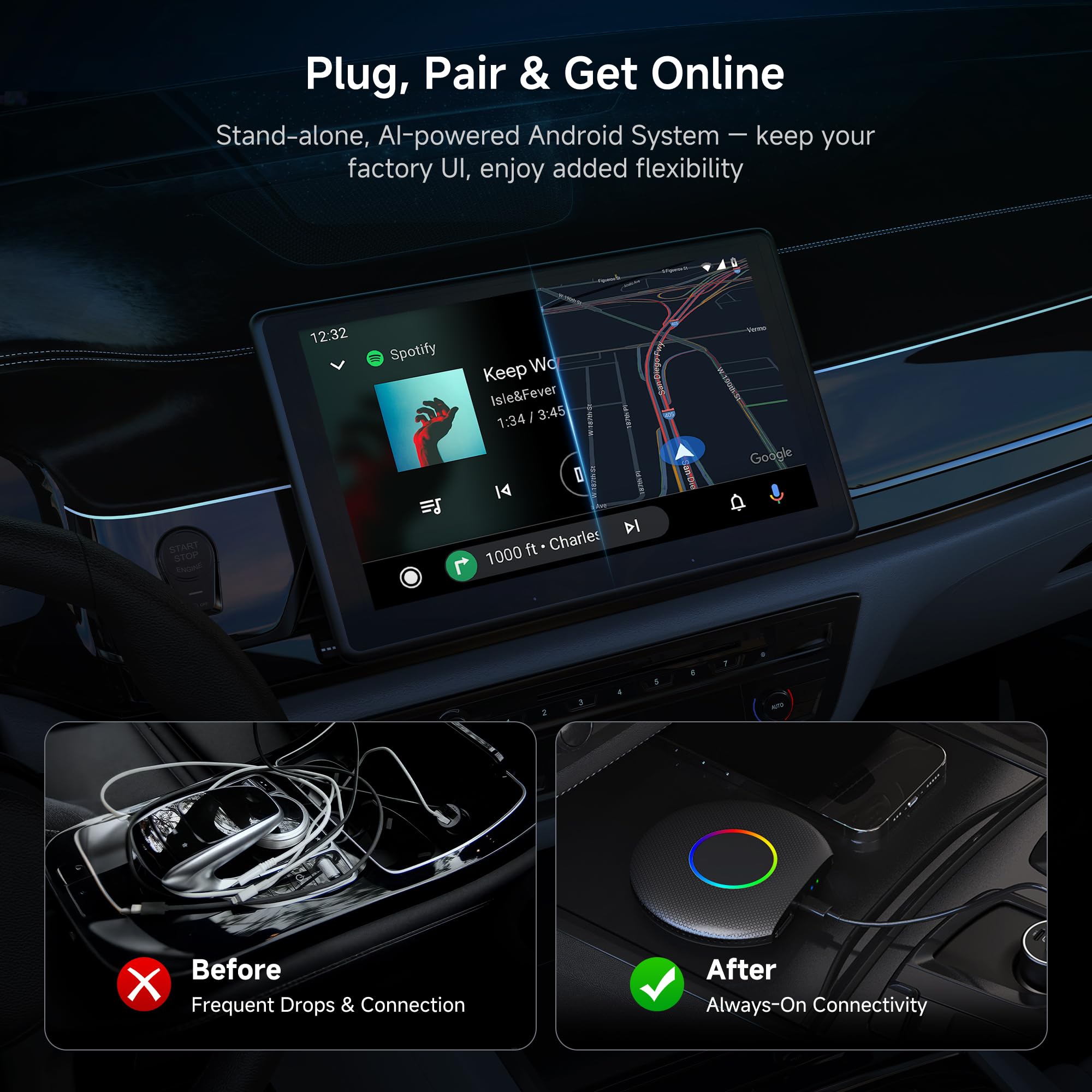 ATOTOSELECT Wireless CarPlay&Android Auto Adapter Magic AI Box wi by ATOTOSELECT - Angle View 9
