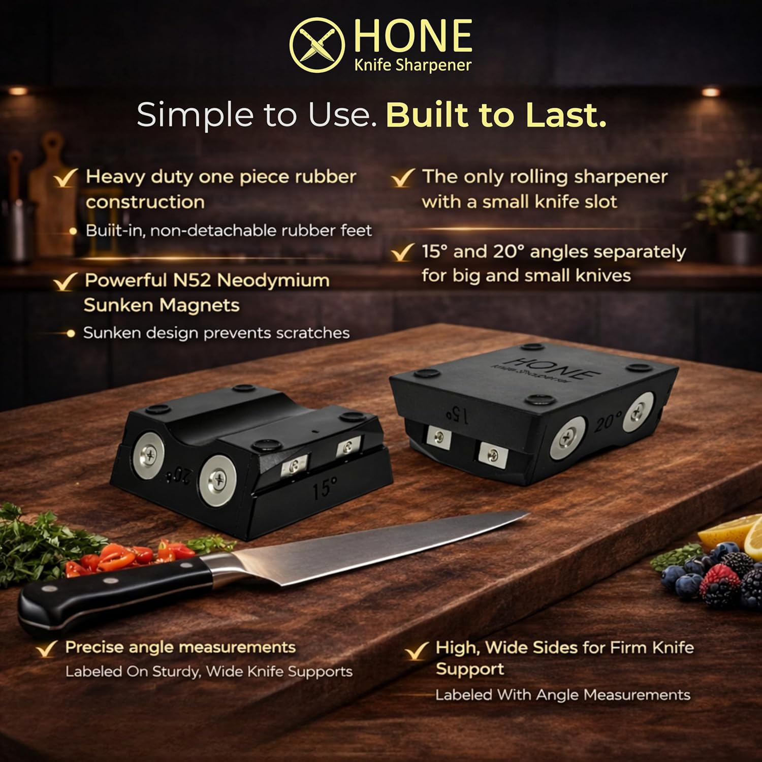 HONE Knife Sharpener, Canadian-engineered kitchen rolling knife sharpener with ball bearings for precise blade sharpening.