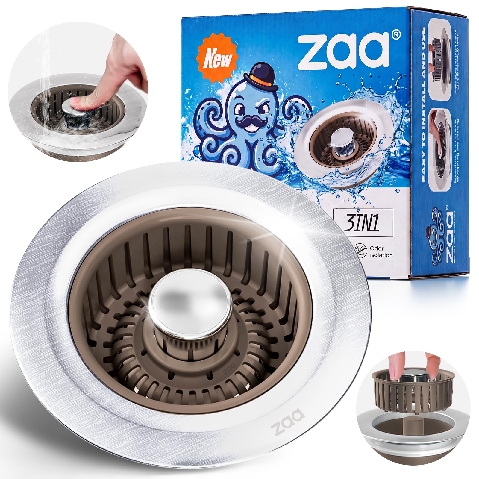 zaa 3 in 1 Kitchen Sink Drain Strainer Stopper Removable Basket P - zaa Official Product View 9