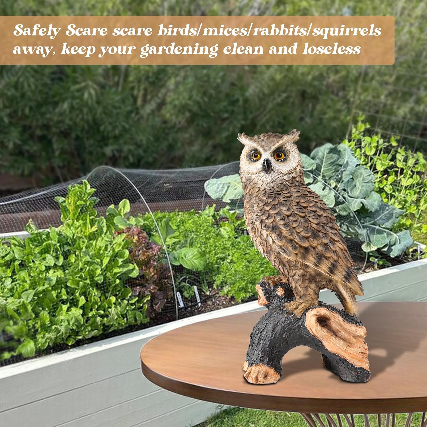 Ovewios owl garden statue featuring a perching forest owl on a resin stump, decorative outdoor garden figurine.