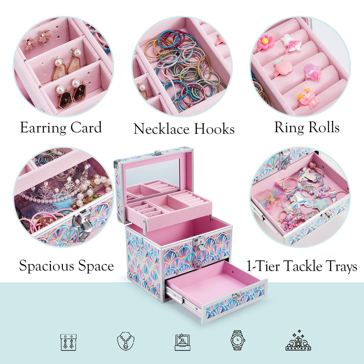 Girls Jewelry Box Organizer with Drawer Mirror Mermaid Tail - Hododou Official Imagery - 5