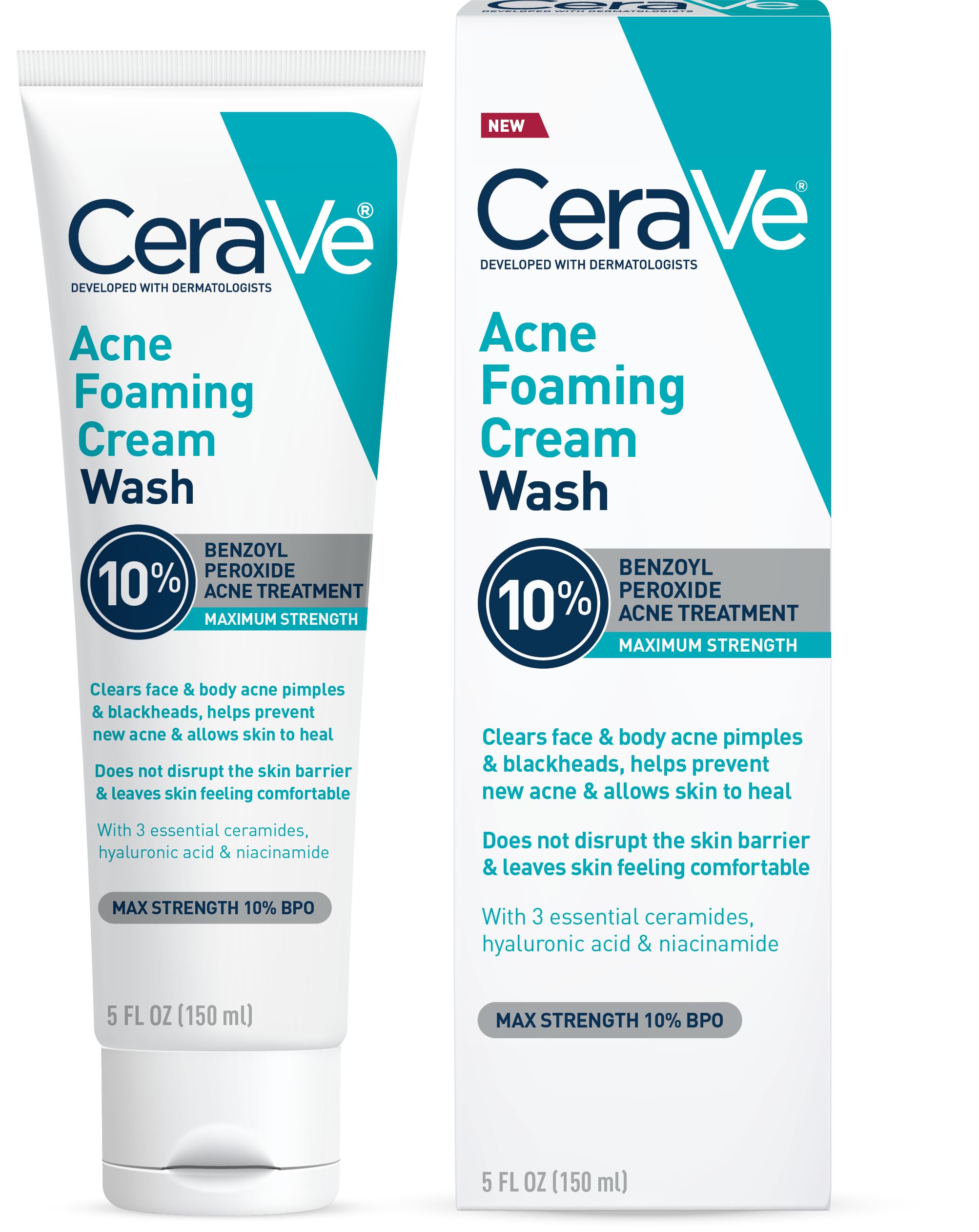 CeraVe Acne Foaming Cream Wash, 10% Benzoyl Peroxide Facial Cleanser - CeraVe Official Product View 2