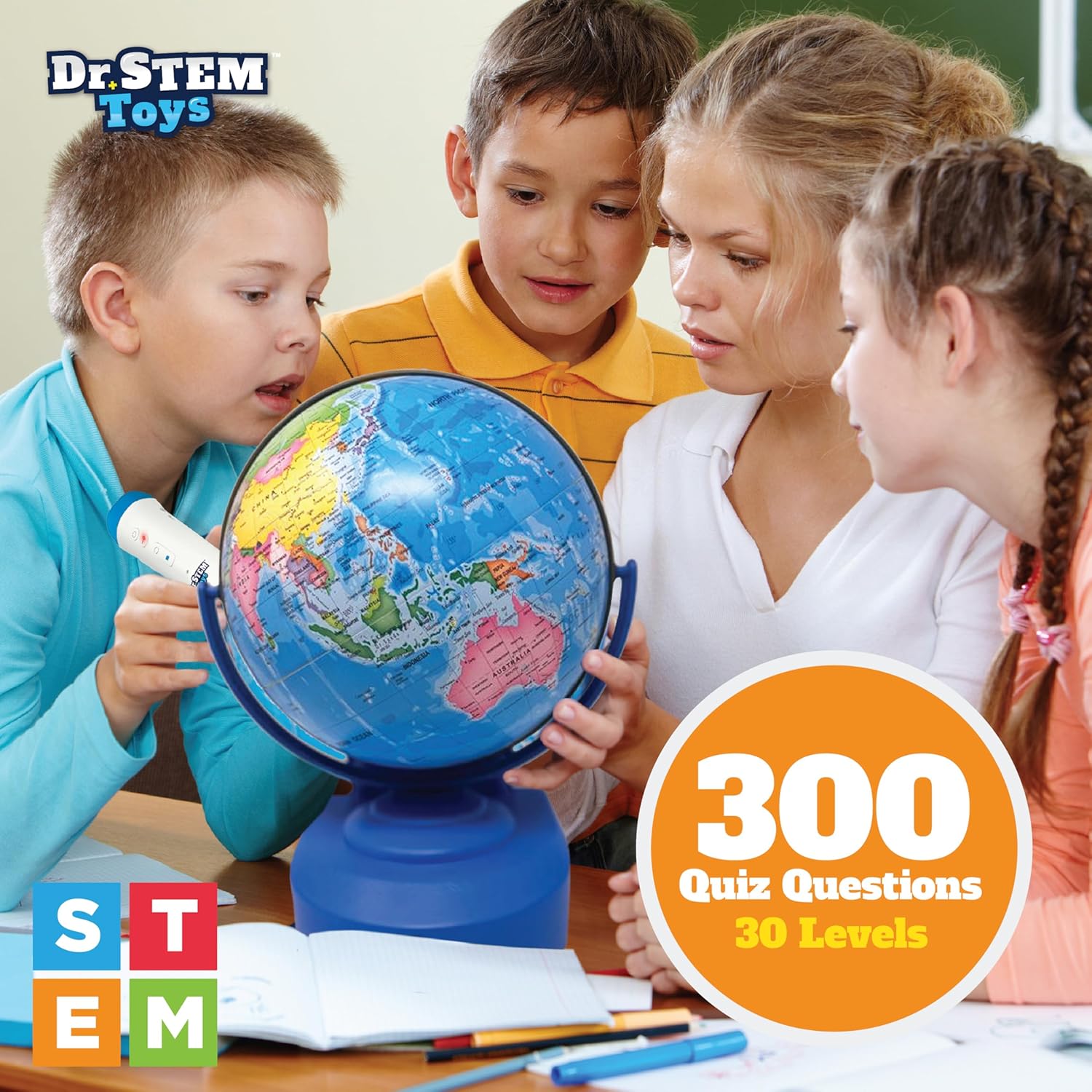 Dr. STEM Toys interactive talking globe with smart pen and game panel, featuring colorful landmasses and educational features.