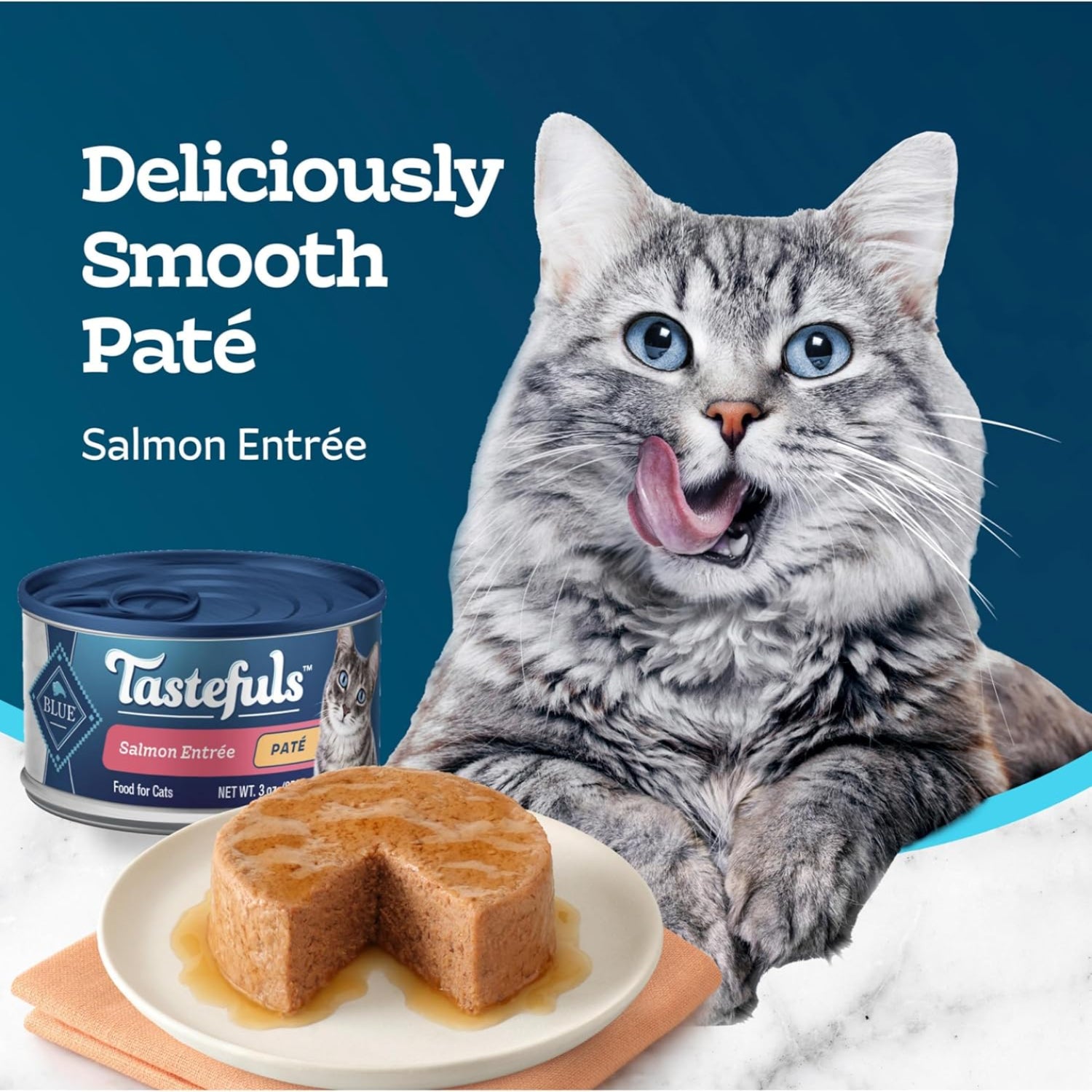 Blue Buffalo Tastefuls wet cat food Paté with salmon, 3 oz cans, natural ingredients, 24-count pack, for healthy feline nutrition