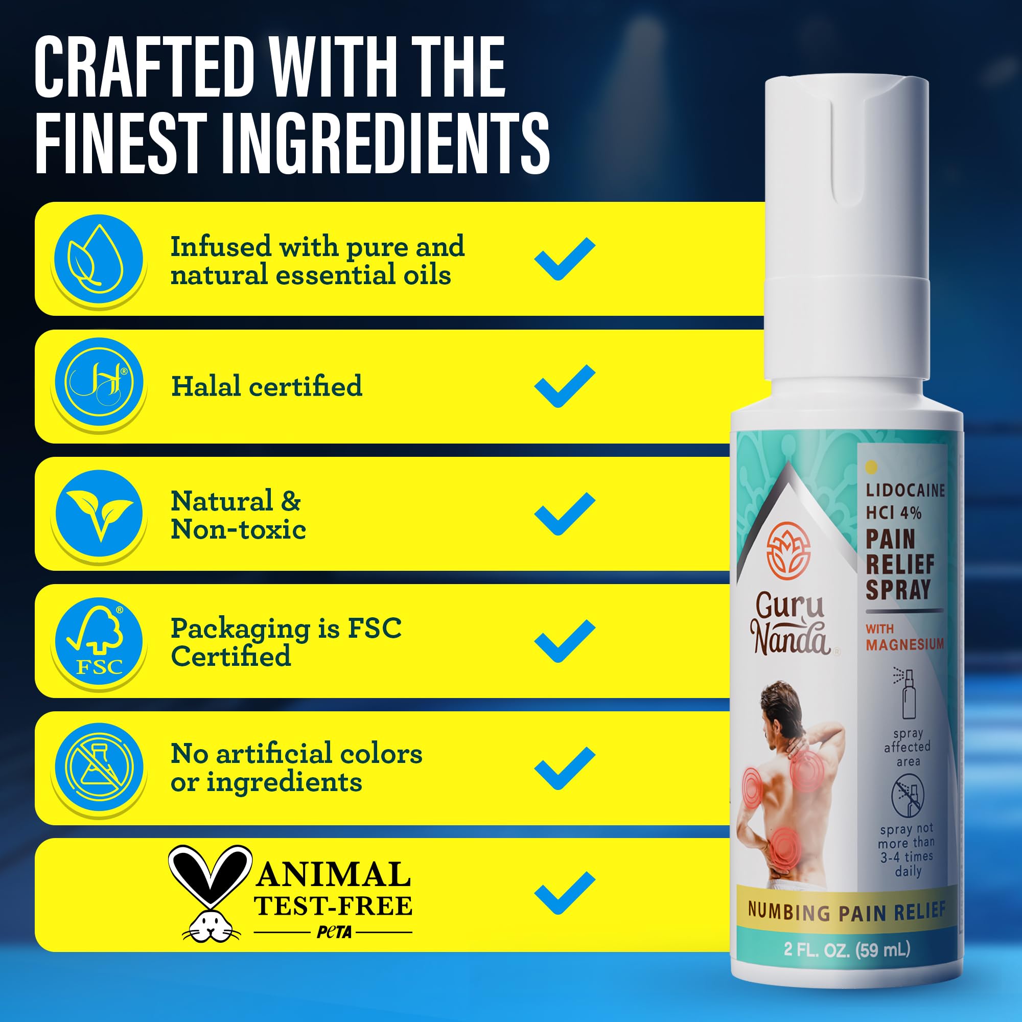 GuruNanda 4% Lidocaine Pain Relief Spray with Magnesium