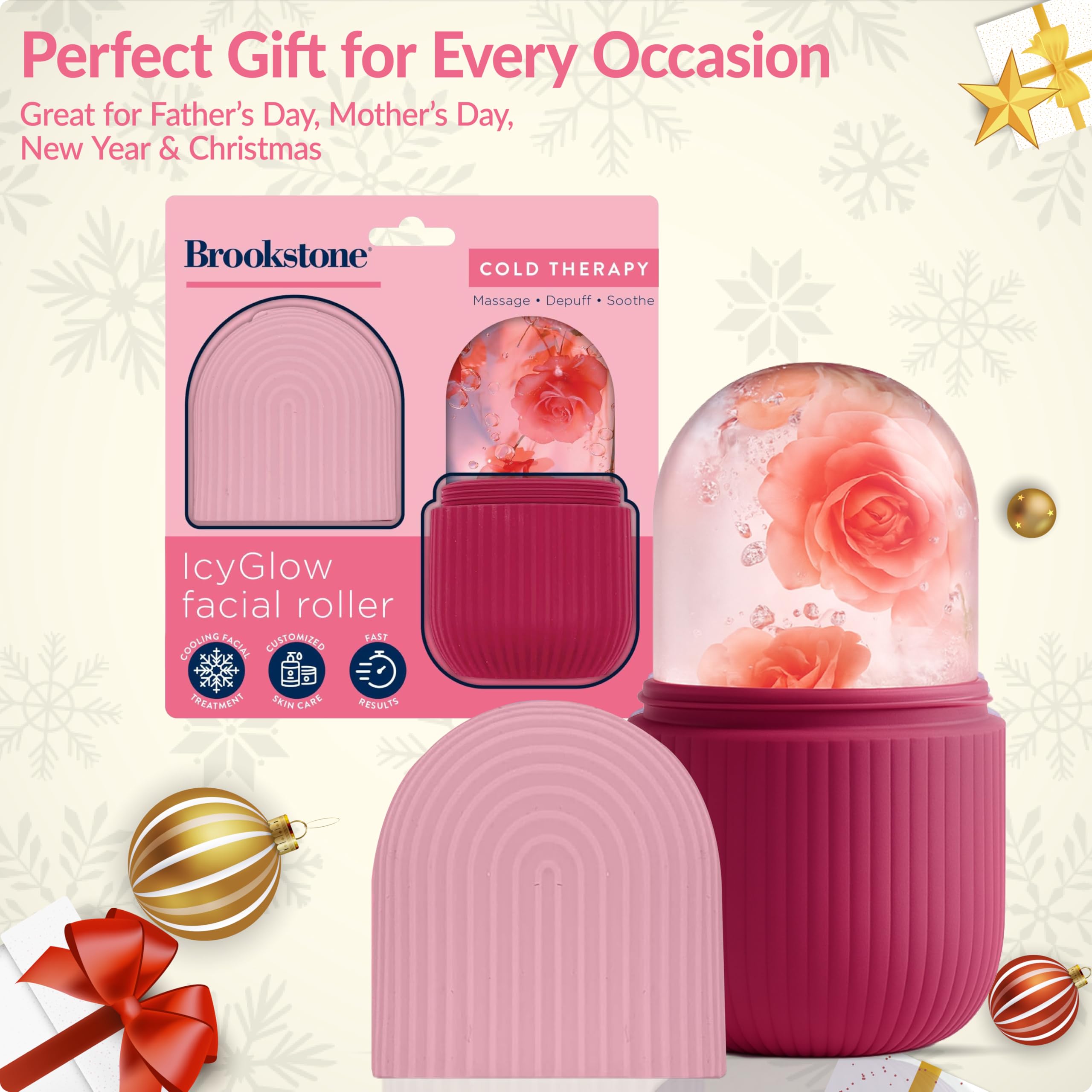 Pink Brookstone IcyGlow ice roller kit for face and neck massage, featuring a sleek design and cooling massage surface.