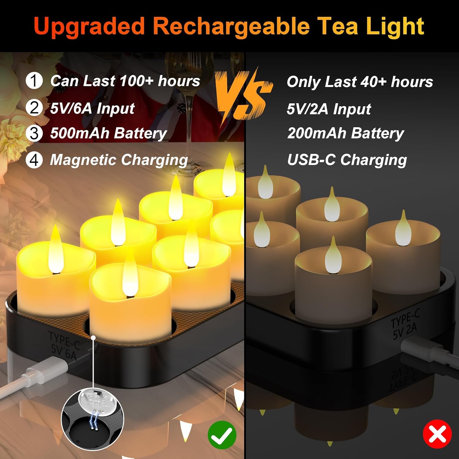 YiaMia 12-pack rechargeable tea lights with magnetic wireless charging, sleek black LED candles for ambient lighting.