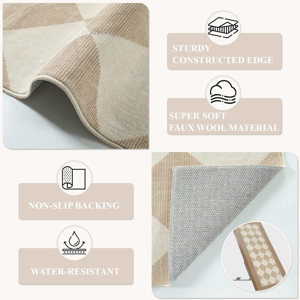 Checkered Print Carpet Runners for Hallway 6ft Beige Ultra - Beeiva Official Imagery - 7