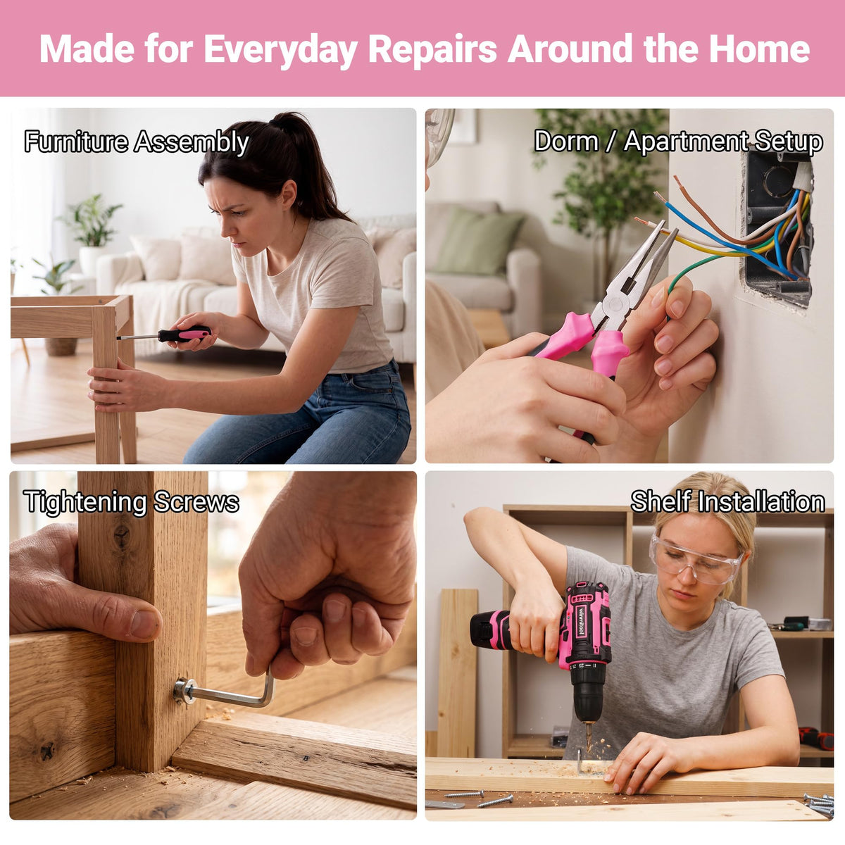 153 Piece Home Tool Set with 12V Pink Cordless Drill Hand - winmitool Official Imagery - 7