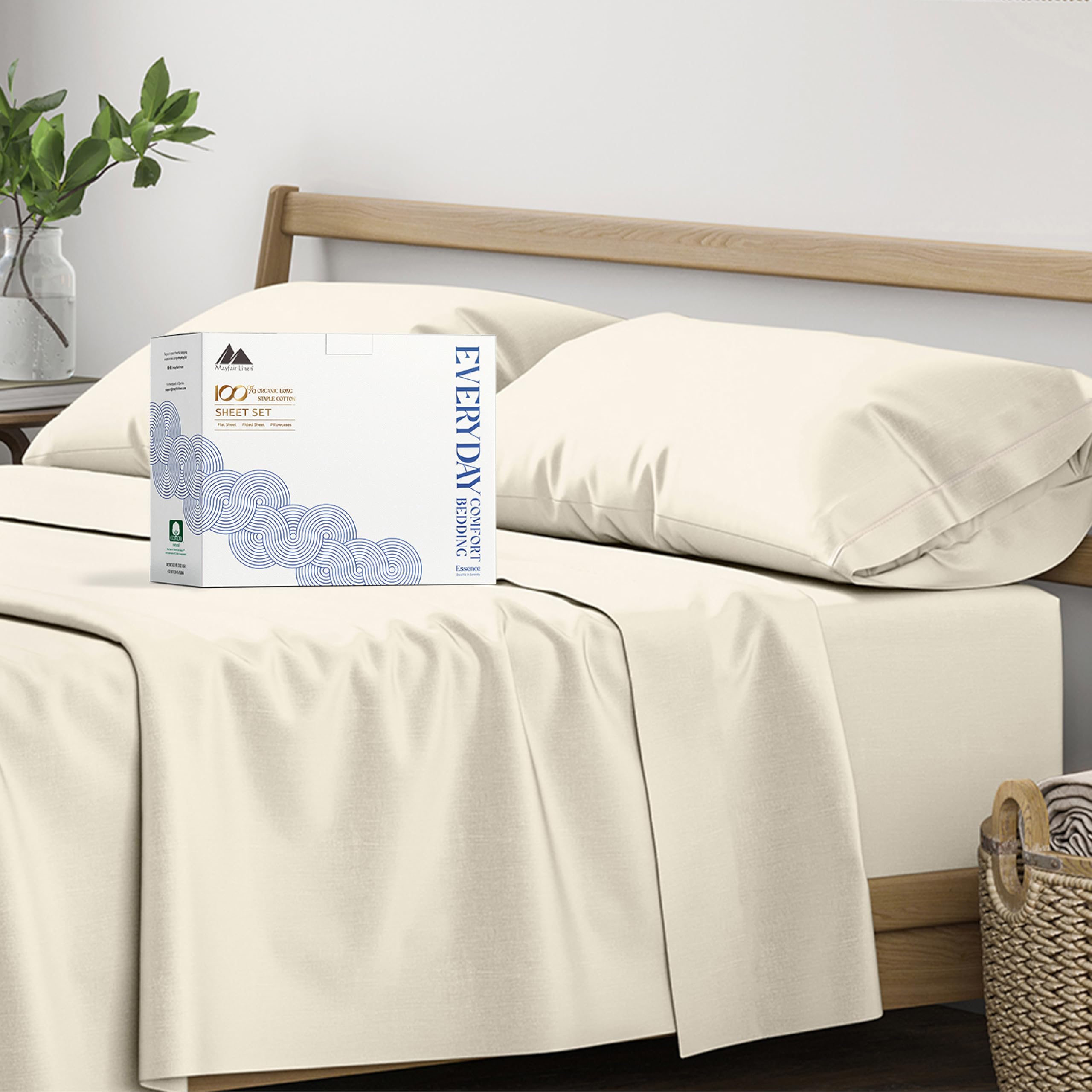 Mayfair Linen 100% Organic Cotton Sheets Queen Size - 4 PC Ivory - Product Imagery