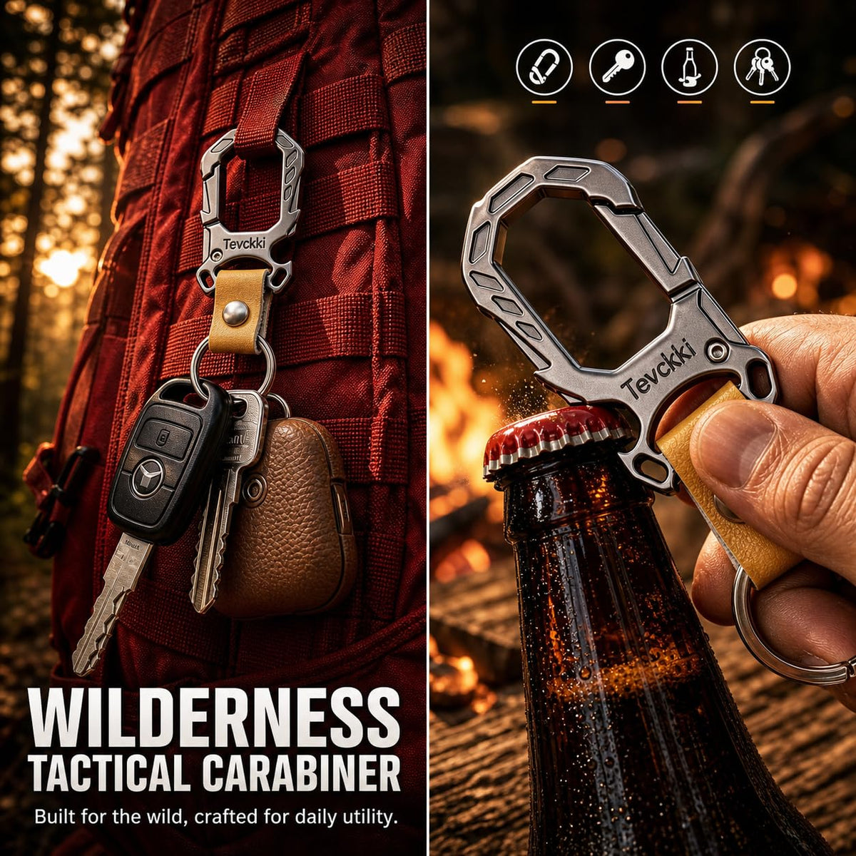 Tactical leather keychains Carabiner Car Key Chains Bottle - Tevckki Official Imagery - 5