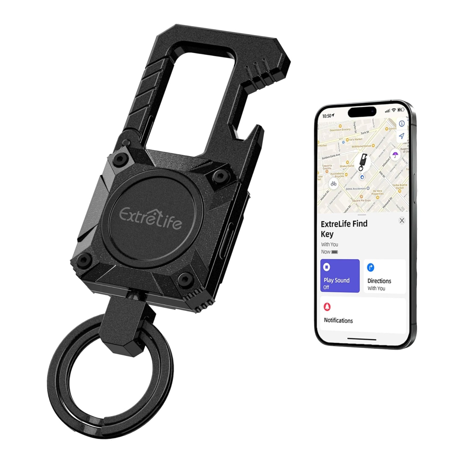 Heavy-duty ExtreLife keychain with carabiner and bottle opener, compatible with Apple Find My, attached to car keys