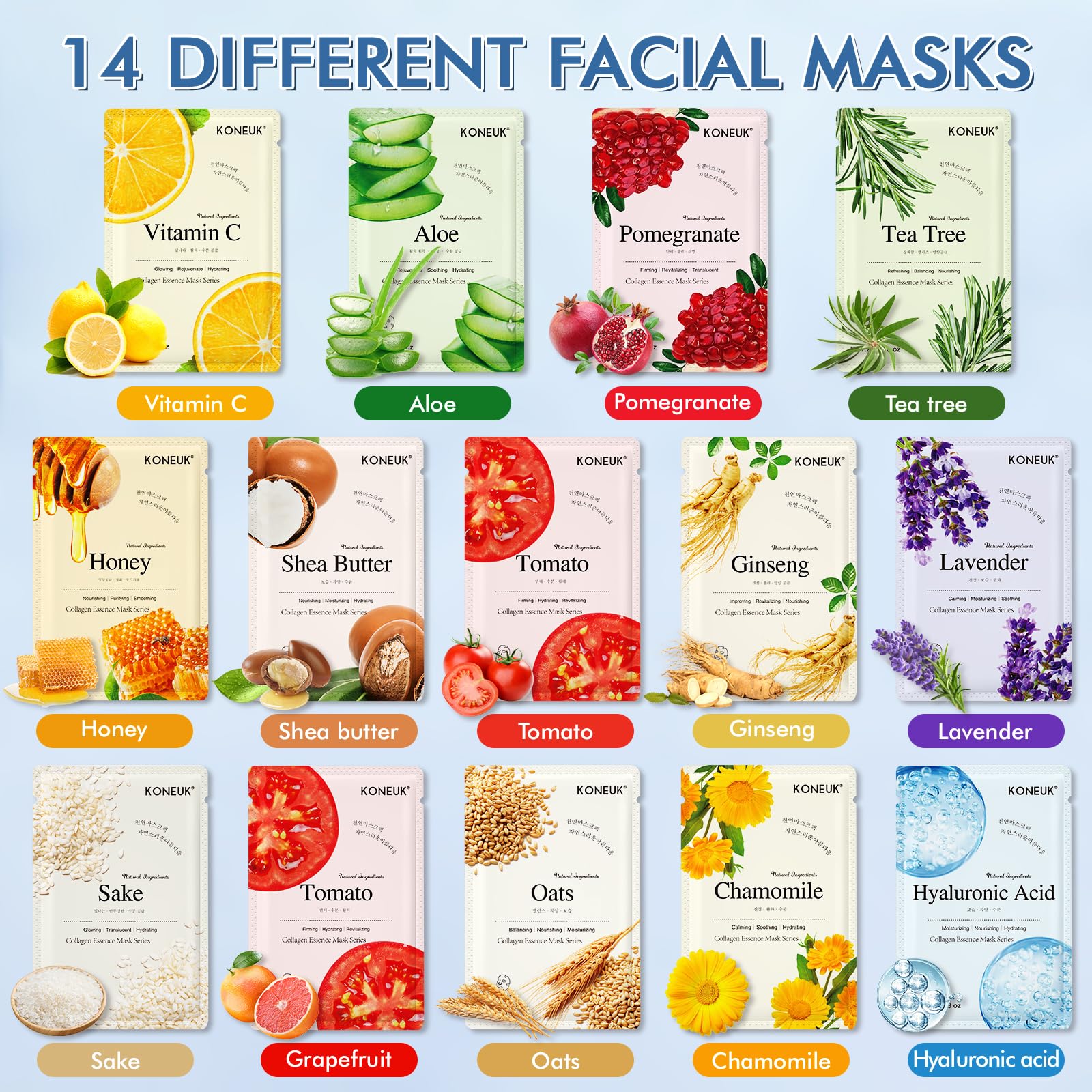 KONEUK 14 Pack Sheet Face Masks Skincare, Hydrating Face Masks - KONEUK