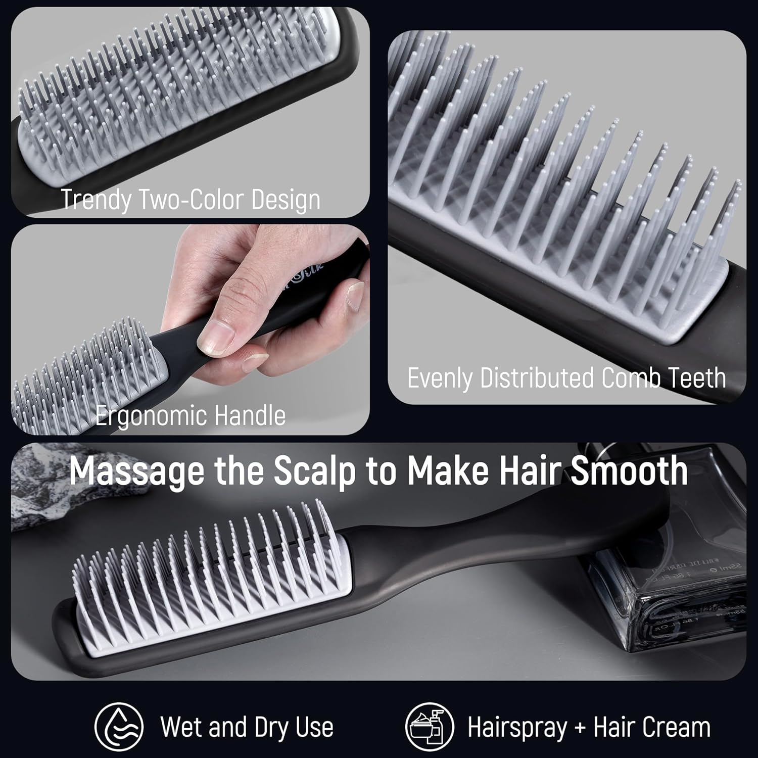 Set of five SalonSilk men's hair brushes and styling combs, professional barber tools for grooming and hair styling.