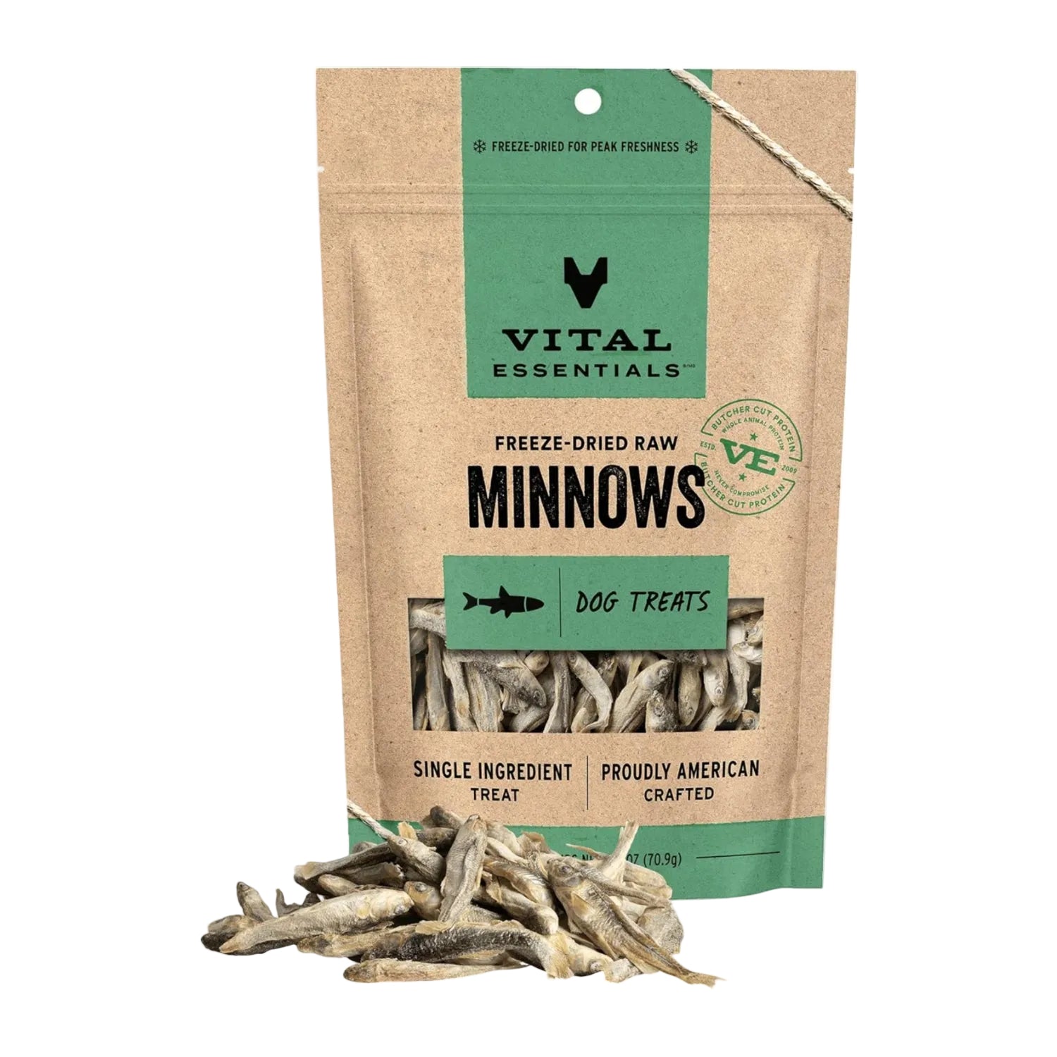 Vital Essentials freeze-dried minnows dog treats showing crunchy, whole fish treats for dogs, single ingredient, natural and healthy.