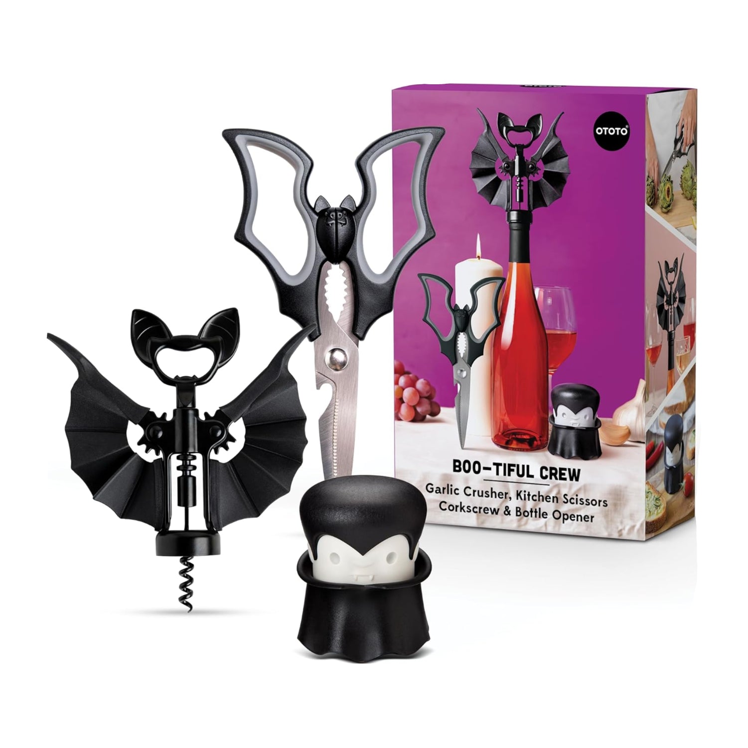 Elizabat Halloween Goth kitchen scissors by OTOTO featuring cute bat design and sharp stainless steel blades for kitchen use.