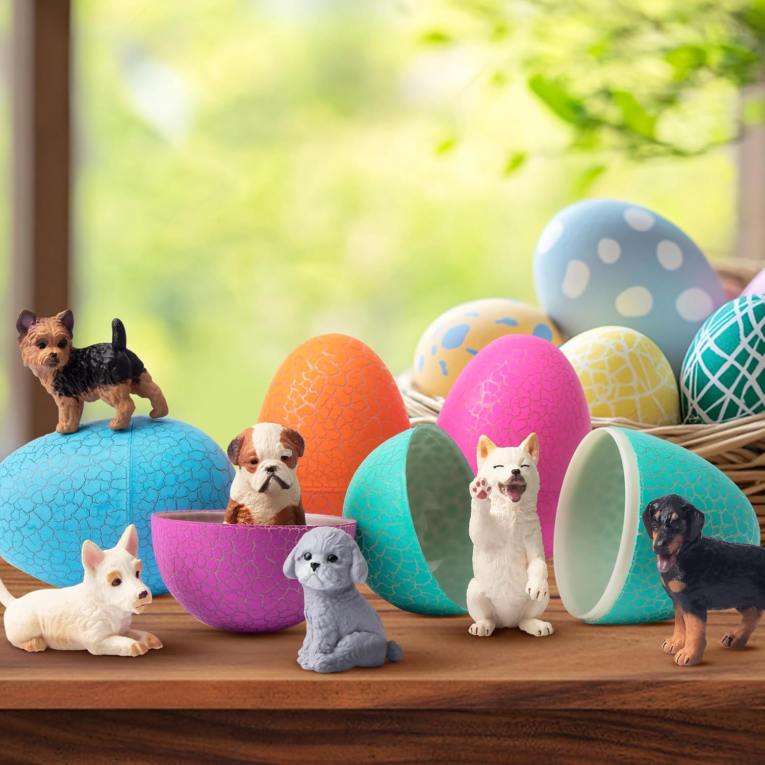 Set of 12 realistic plastic dog figurines by EYSCOTA, hand-painted puppy sculptures with detailed, emulational features.