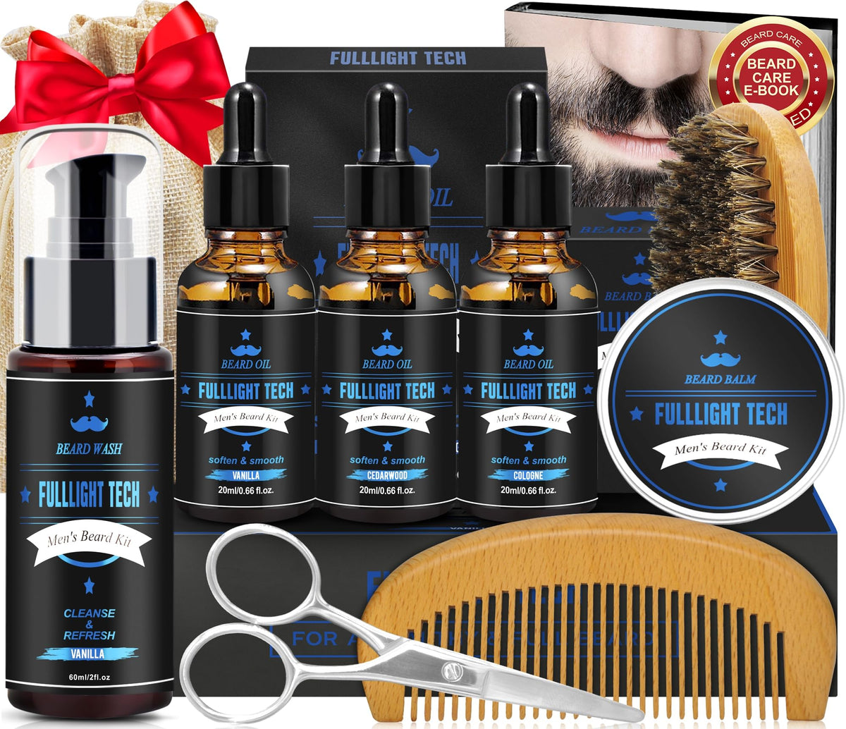 Beard Kit for Men with 3 Beard Oil Scents Vanilla Beard Wash - FULLLIGHT TECH Official Imagery - 2