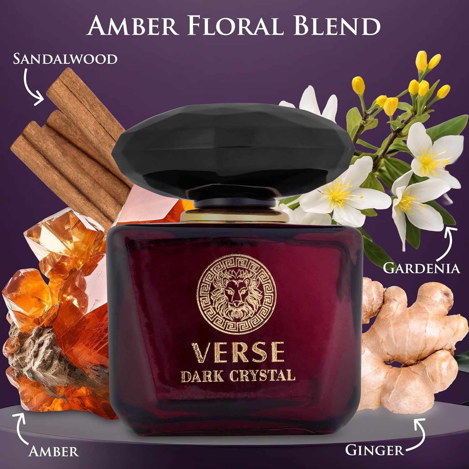 NovoGlow Verse Dark Crystal perfume for women, 3.4 fl oz, featuring spicy ginger and cardamom top notes in a sleek bottle.